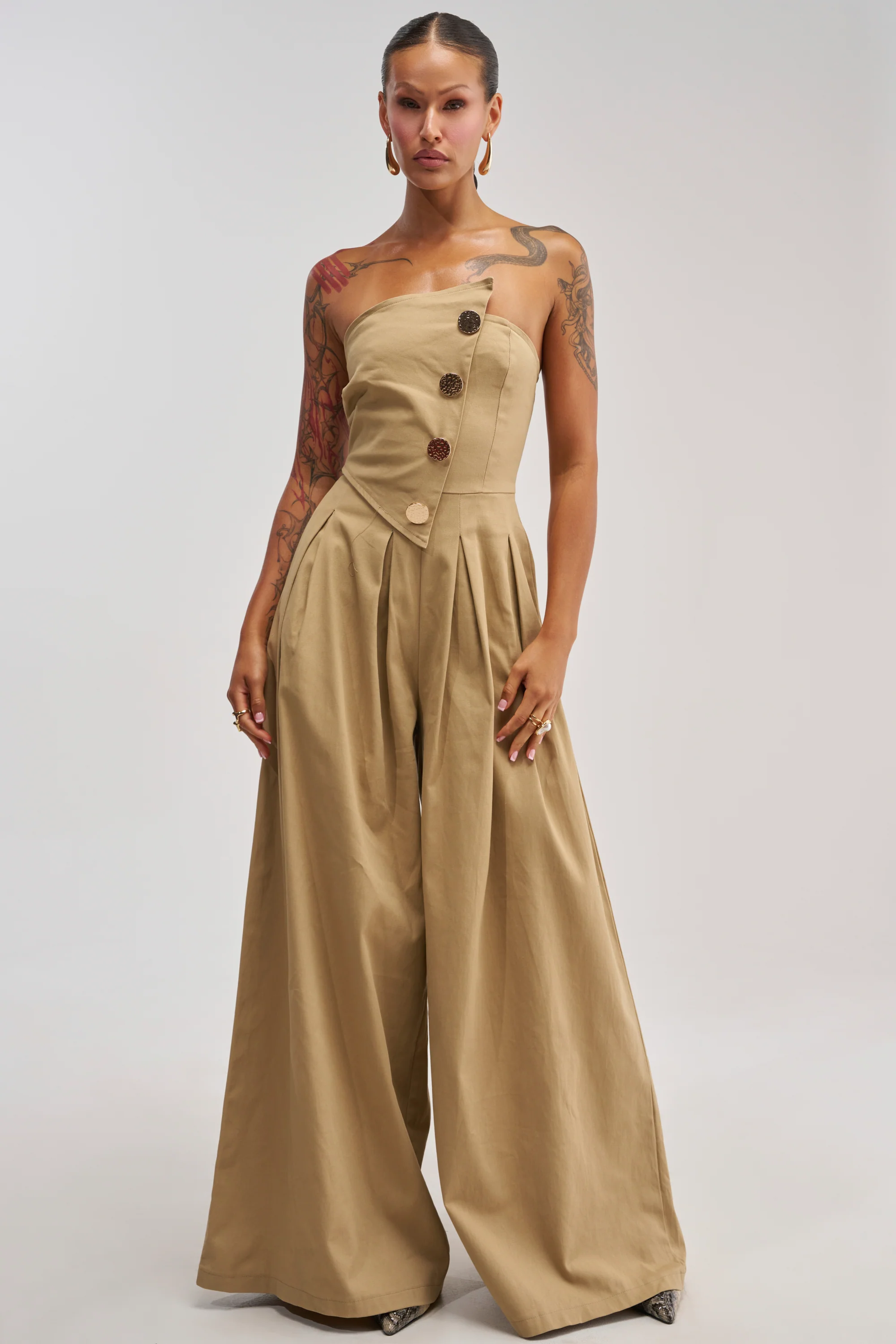 MILANO WOVEN JUMPSUIT IN KHAKI - Akira Store
