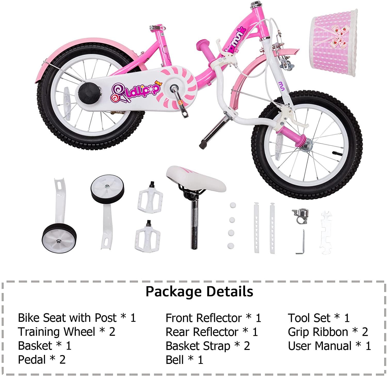 Royalbaby Chipmunk Girls Kids Bike Bicycle with Basket Training Wheels 14 in Lollipop Pink