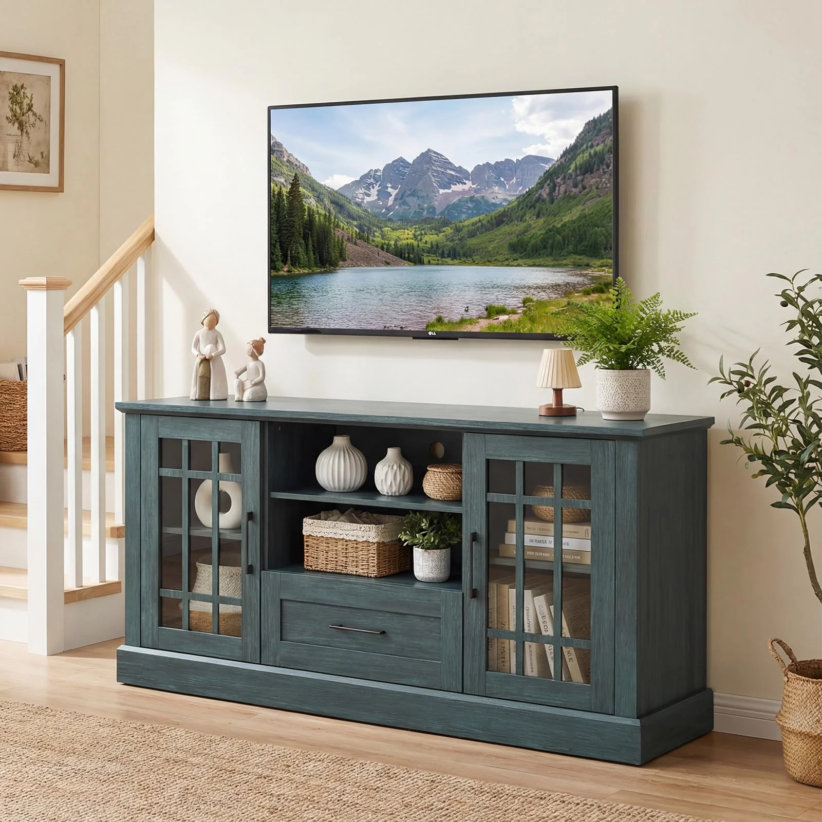 Tangkula Farmhouse TV Stand for TV up to 65 70 Inches 1 Drawer & 2 Open Shelves Wooden Entertainment Center