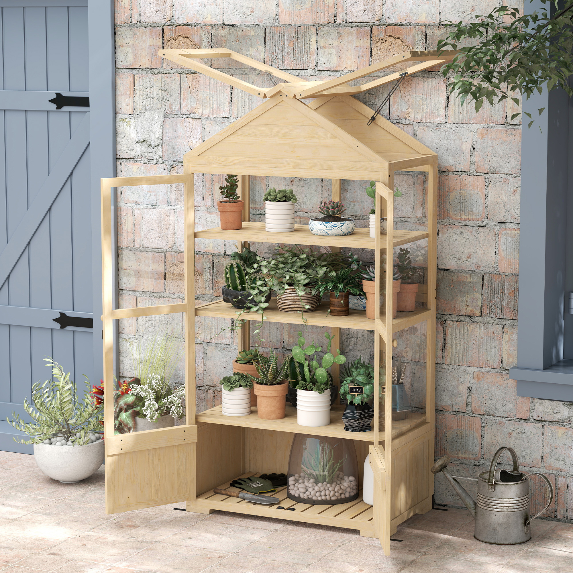 Outsunny Kas met Plank, Transparante Behuizing, Dakraam, Vergrendelbare Deur, Acryl, Houten Frame, 100x56,5x178 cm