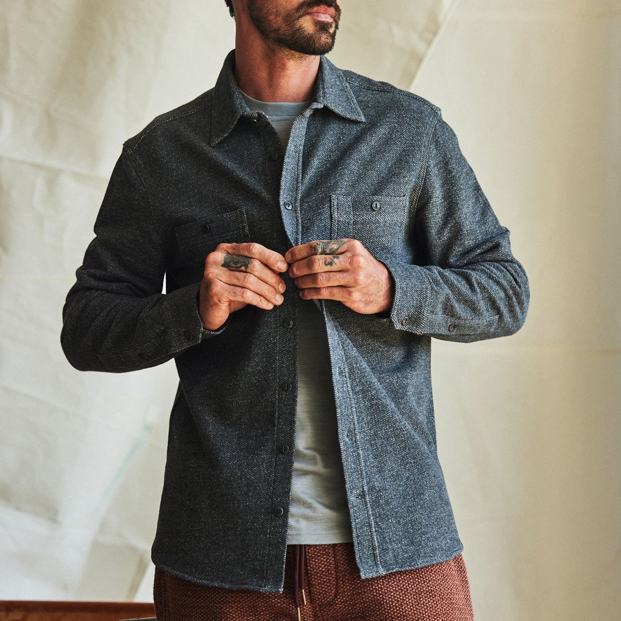 Chemise utilitaire en maille sergée molletonnée bleu marine