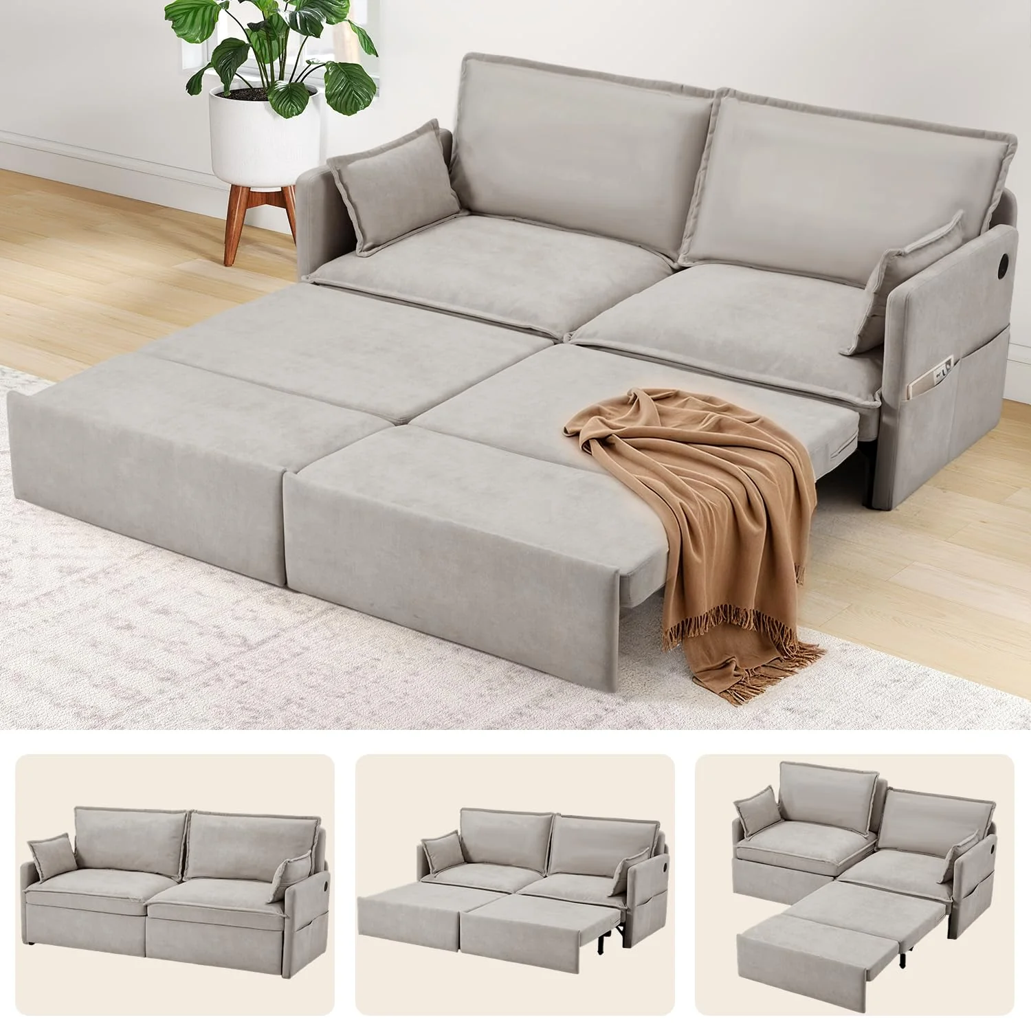 AECOJOY 3 in 1 Sofa Bed, 72" Pull Out Couch Sleeper Sofa Bed with USB Ports & 4 Side Pockets