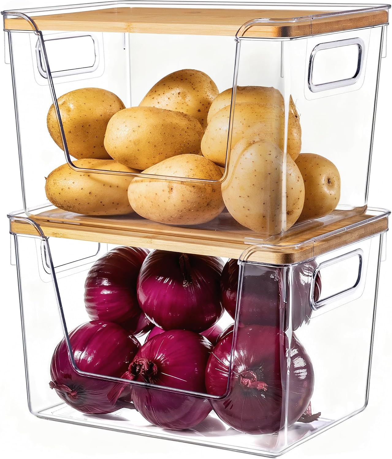 Criusia 2 Set Pantry Organizers and Storage with Bamboo Lids, Stackable Clear Bins for Onions, Potatoes, Fruits, Vegetables, Trash Bag Dispenser, Kitchen and Under Sink Organizer