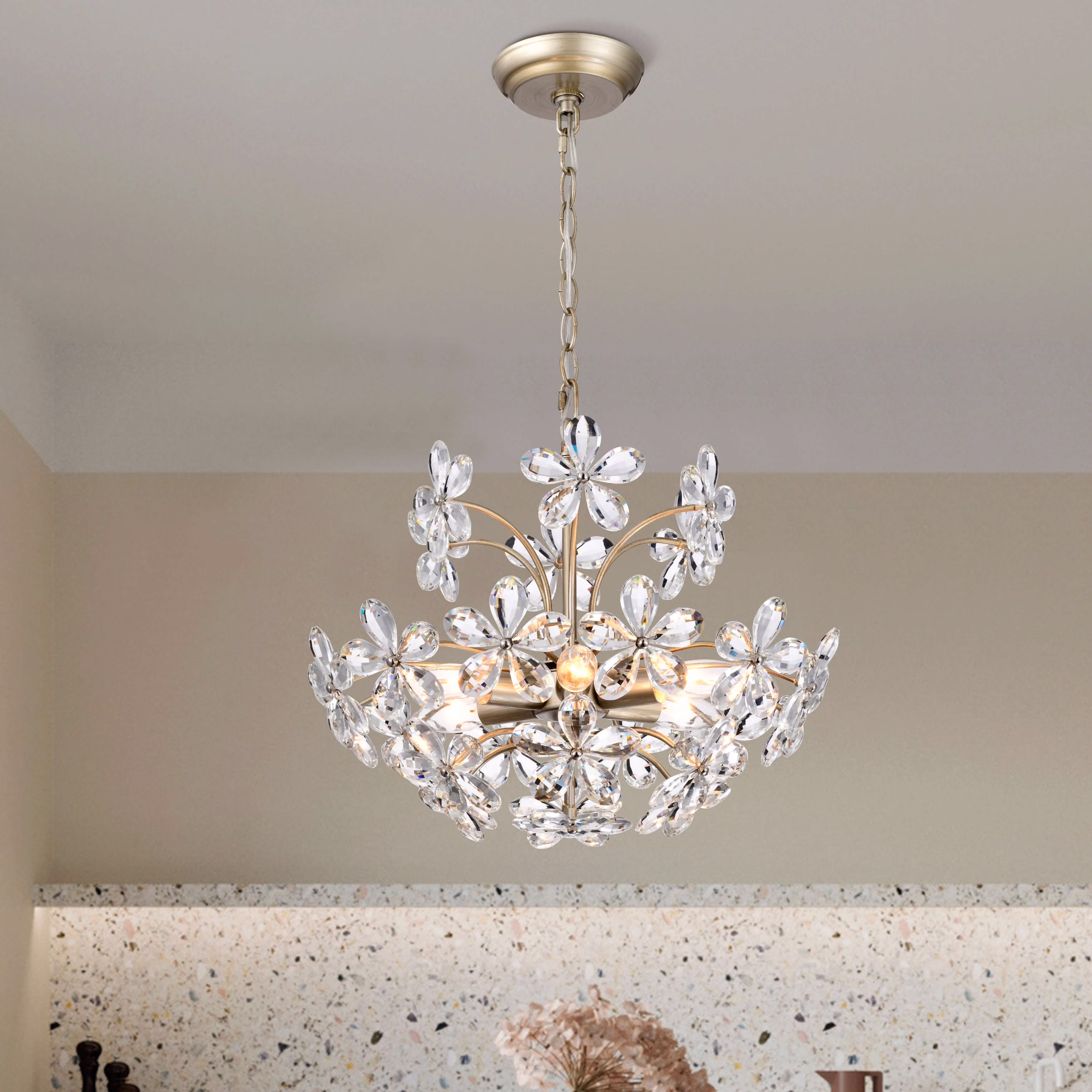 The Lighting Shop Rosa 6 - Light Brushed Silver - Ish Champagne Electric Flower Crystal Chandelier
