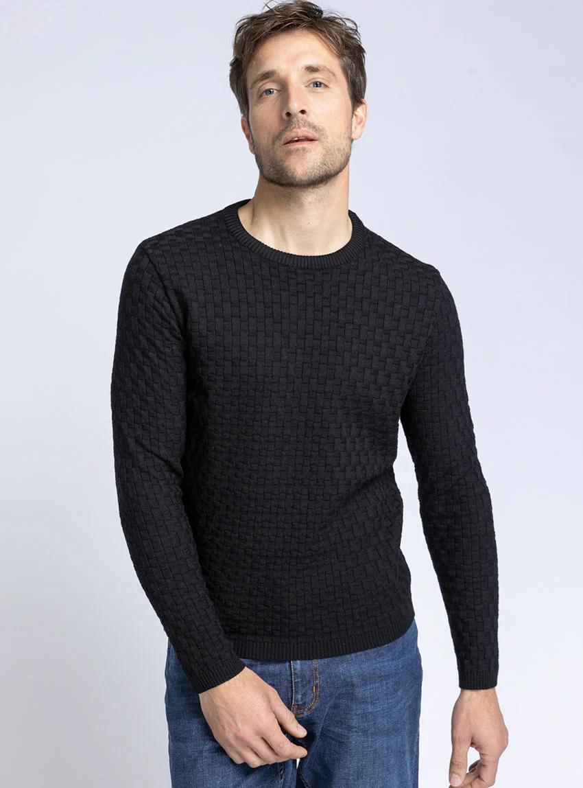 Pull homme damier en laine noir