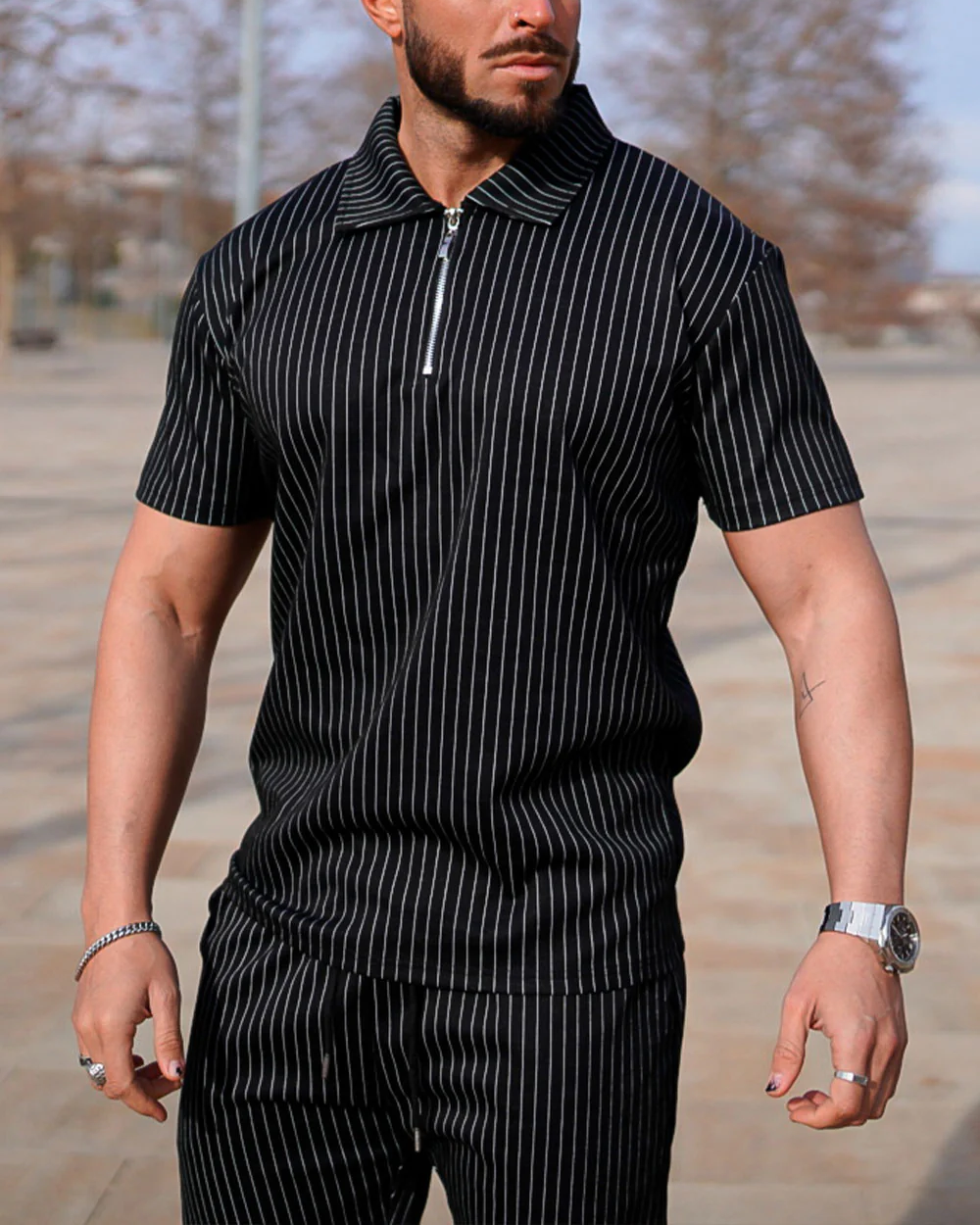 Costume polo d'été à rayures verticales noires pour homme Suitmens