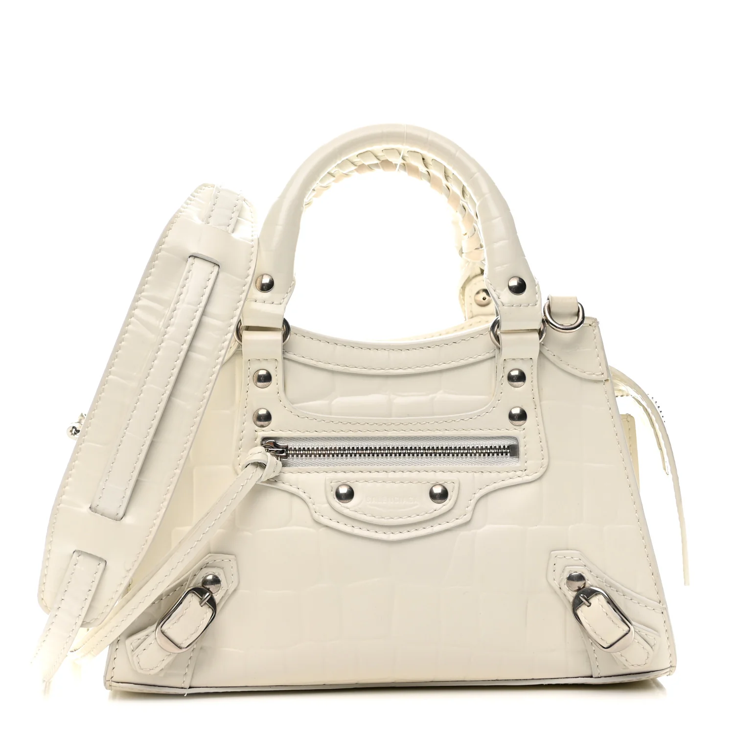Semi Shiny Calfskin Crocodile Embossed Neo Classic Silver Hardware Mini City White