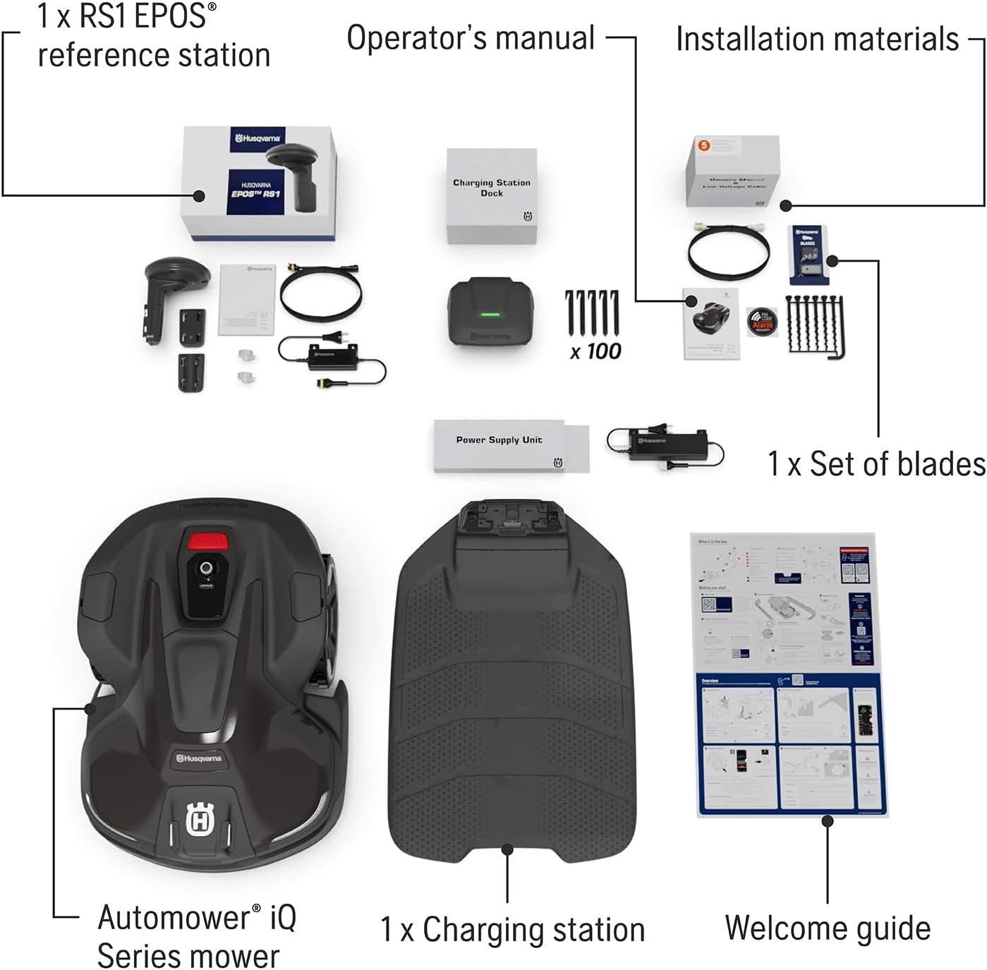Husqvarna 410iQ Automower Robotic Mower, 0.5 Acre Mowing Capacity, Wire Free Robot Lawn Mower with Charging Station, RS1 EPOS Reference Station and Replacement Blades, 970727401