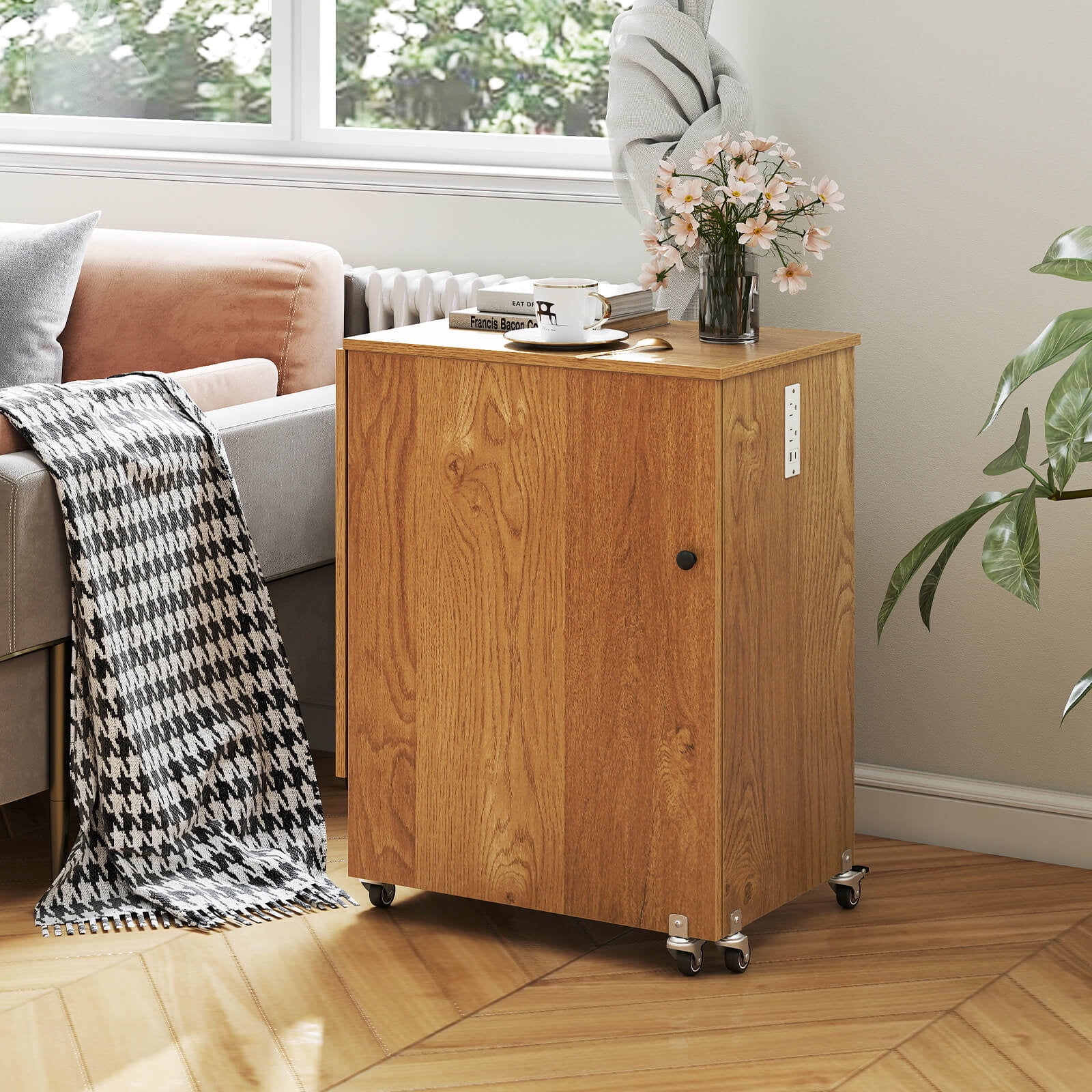 Folding Sewing Table Rolling Craft Station with 3 Storage Bins Charging Station Natural(Natural) - Image 5