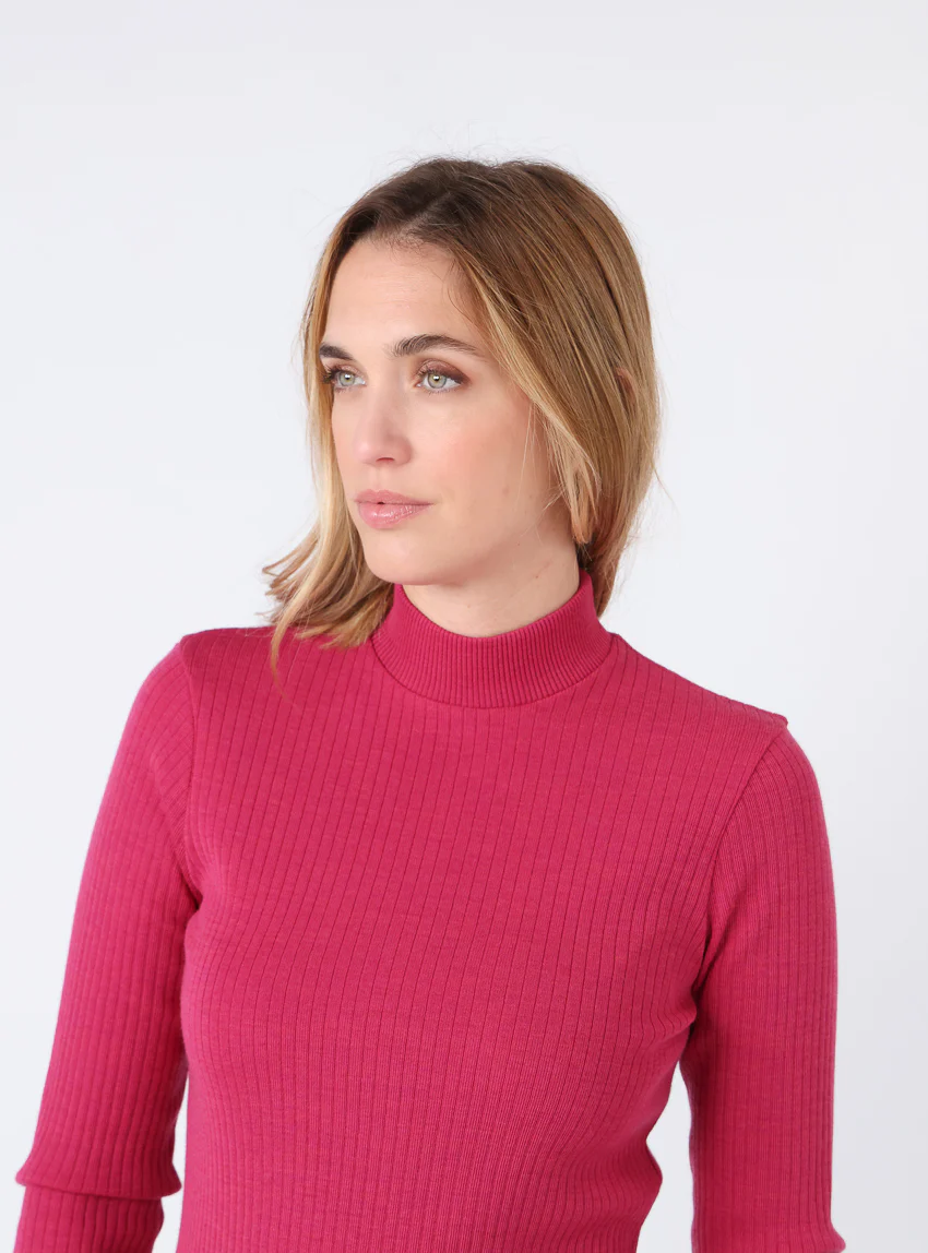 Pull chaussette femme col cheminee laine mérinos Rose géranium