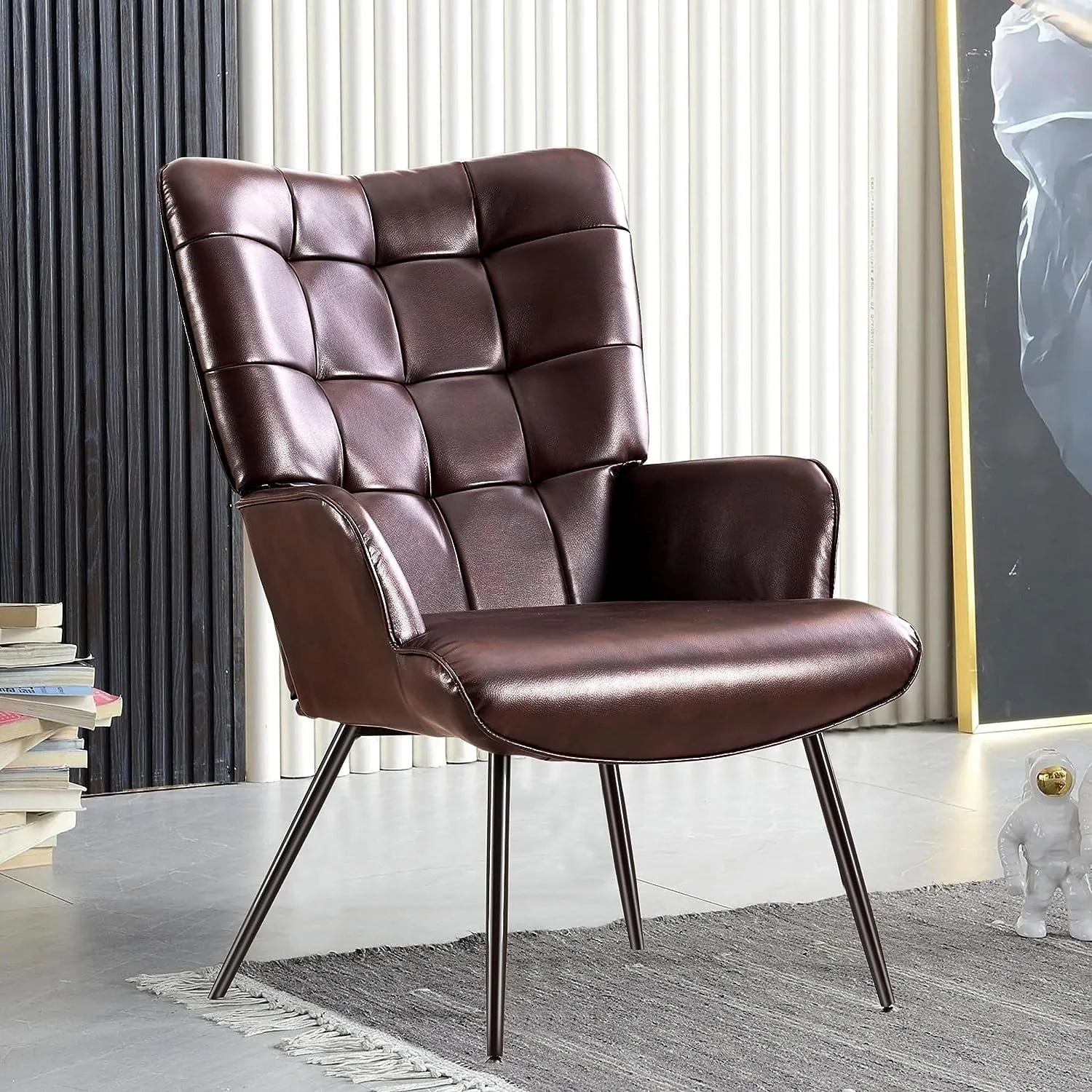 Livingroom Chair Modern Accent Chair, Faux Leather Wingback Accent Chair PU Leather Accent Chair for Home Office/Living Room/Bedroom, Maroon(Brown) Image 8