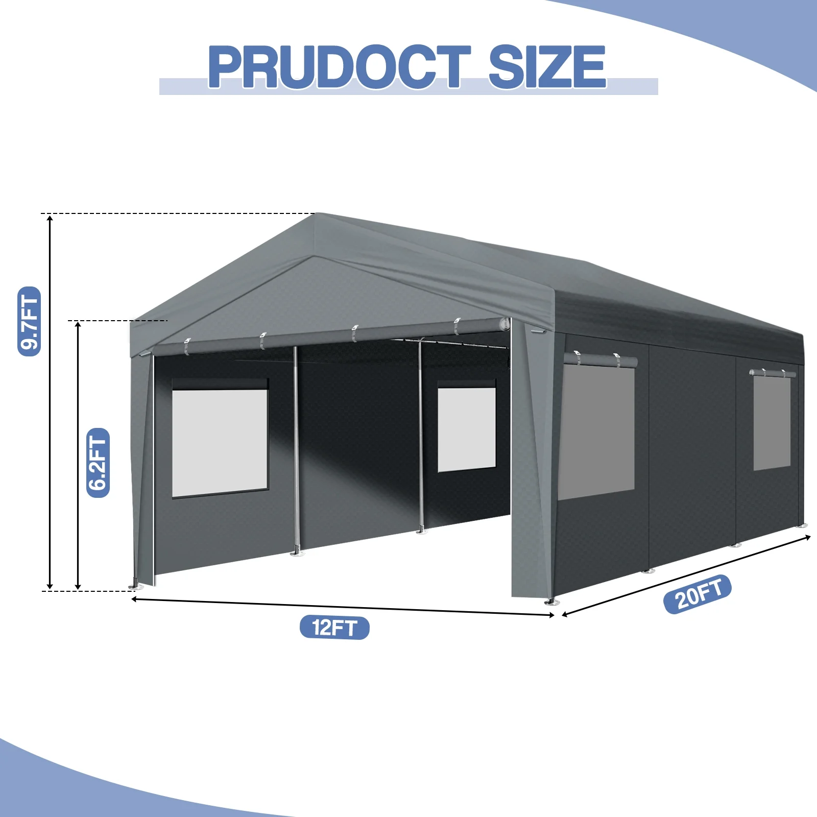 10x20Ft Carport, Large Heavy Duty Car Tent with Galvanized Steel Frame, Portable Storage Boat Shed Canopy Garage with Sidewalls Doors, Gray(10'X20'X9.2') - Image 8