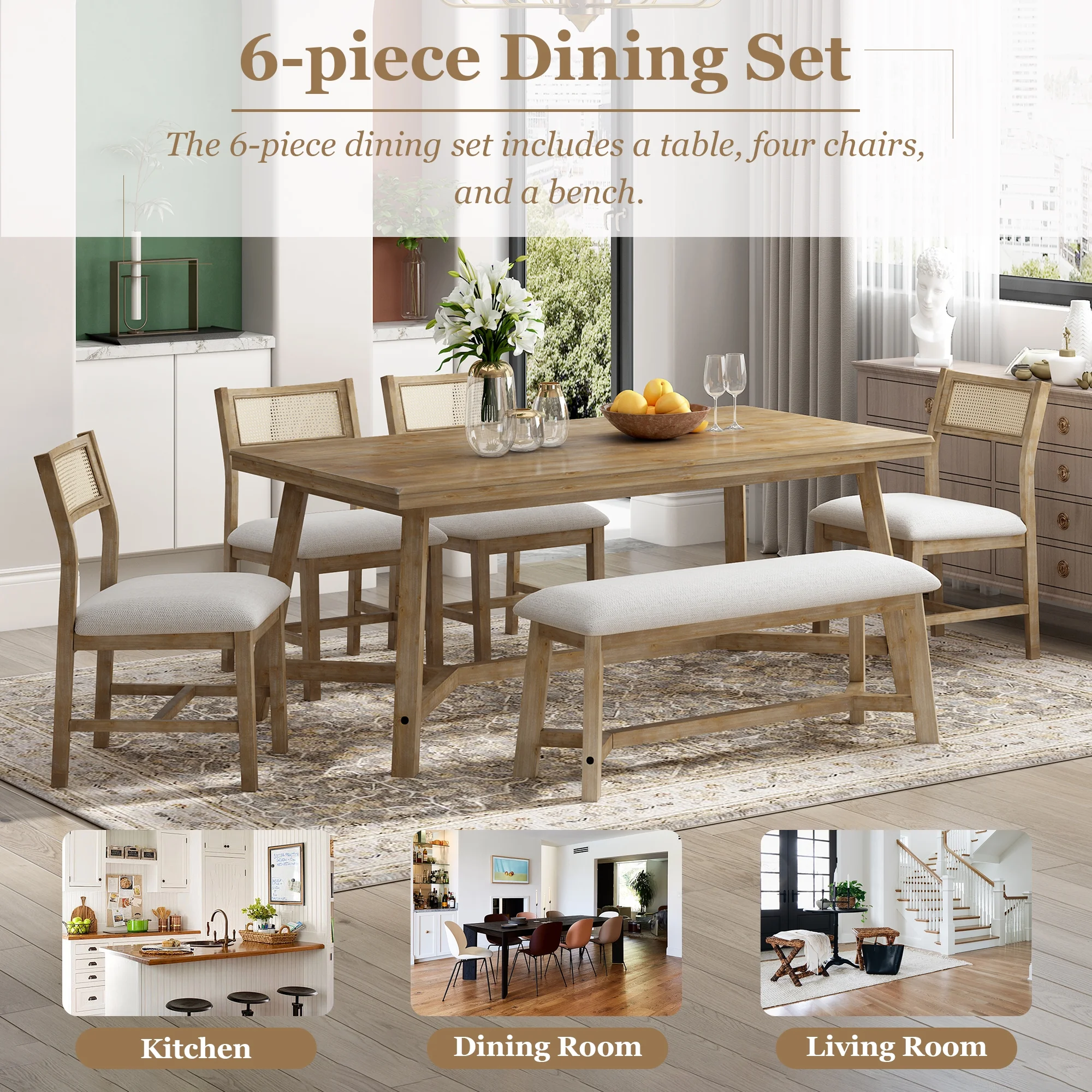 6-piece Retro Farmhouse Dining Set, Wood Rectangular Table and 4 Upholstered Rattan Chairs, Bench, Dining Table Set for 5-7, Dining Table Set for Kitchen Dining Room Dorm Apartment, Wood Wash(Natural Wood Wash/Style #2) - Image 3