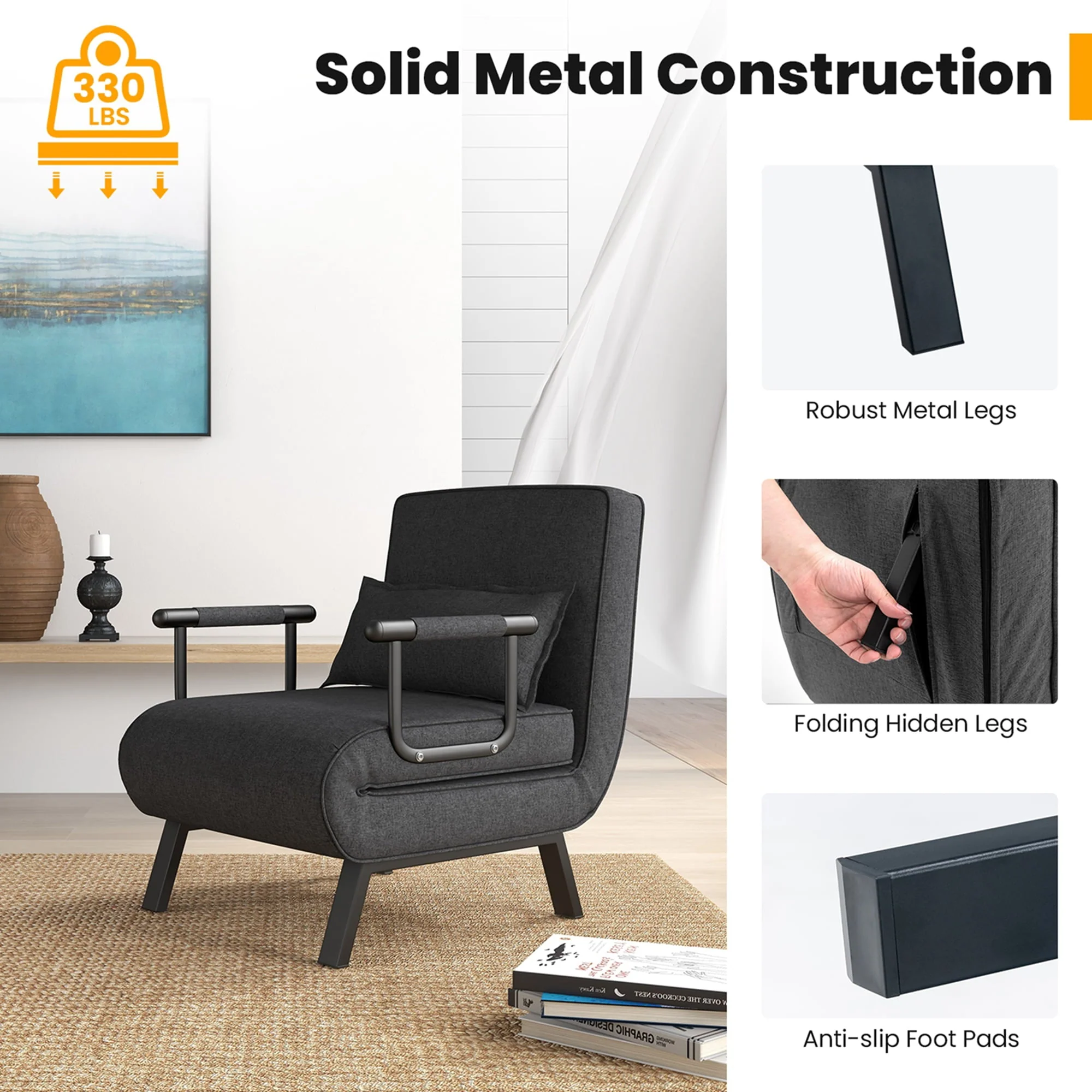 Folding 6 Position Convertible Sleeper Bed Armchair Lounge Couch w/ Pillow Gray(Blue) - Image 10