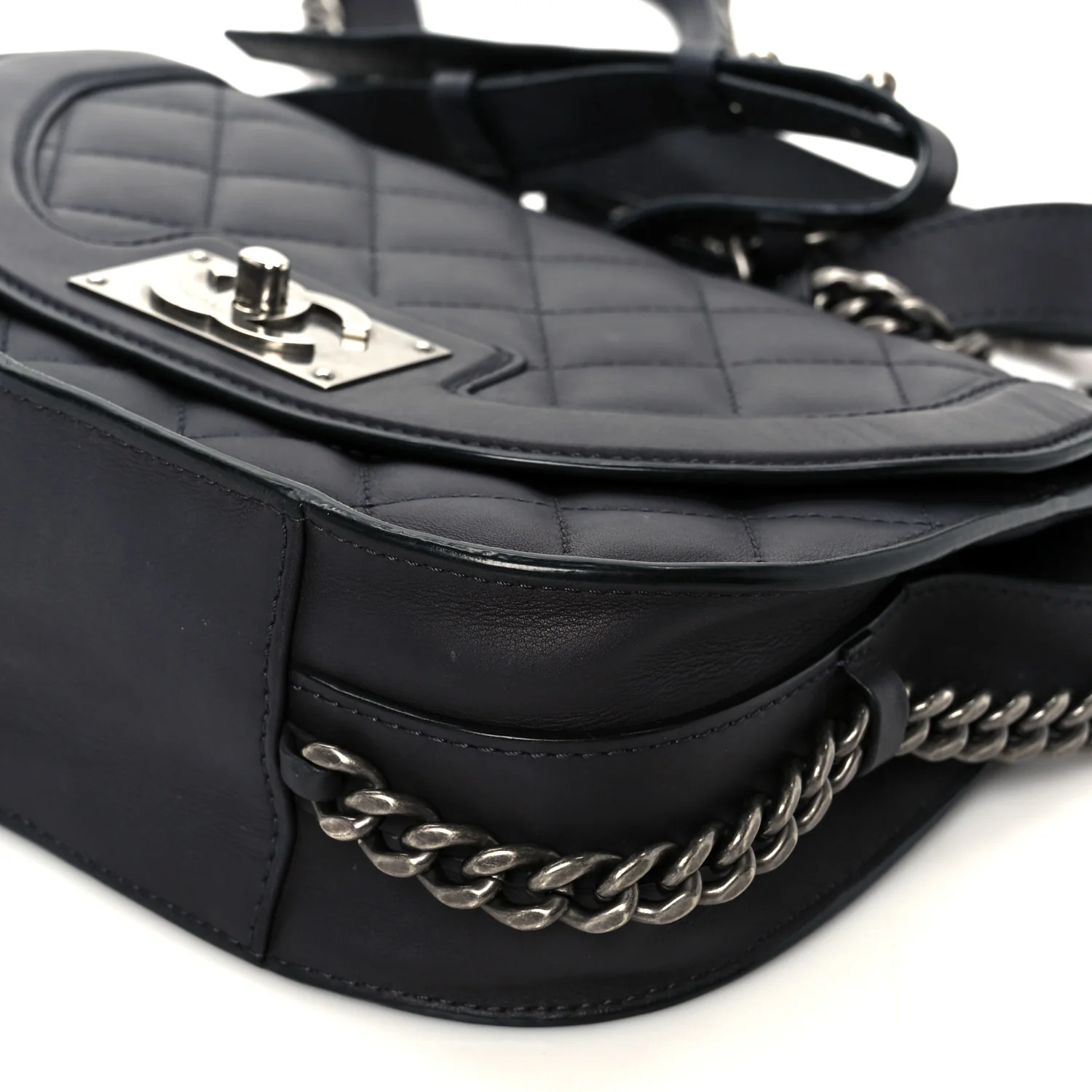 Shiny Goatskin Quilted Small Double Chained Messenger Flap Black