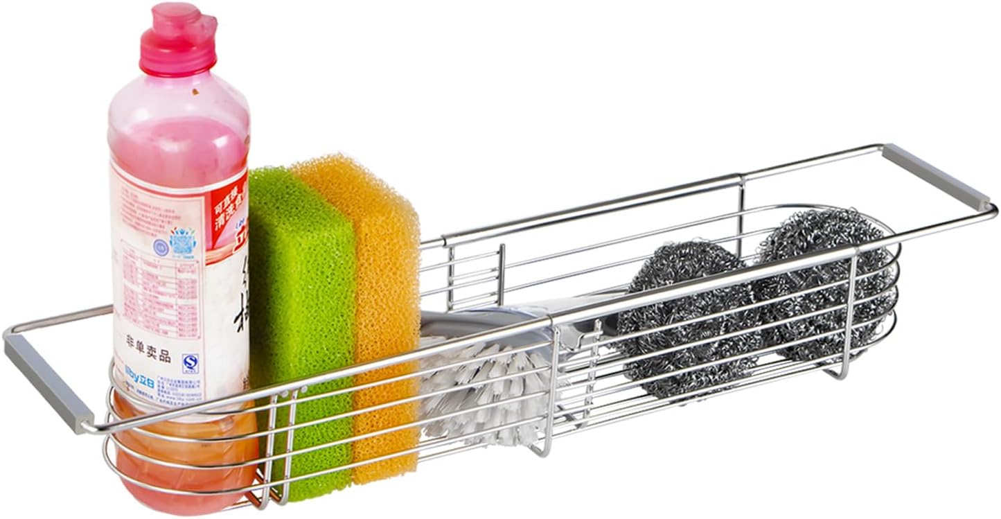 YQh Retractable Sink Drain Rack, 304 Stainless Steel Expandable Sink Storage Rack, Adjustable Kitchen Sponge Drying Rack, Soap Rack, Breathable Drainage (Adjustable Length 14in-18in)