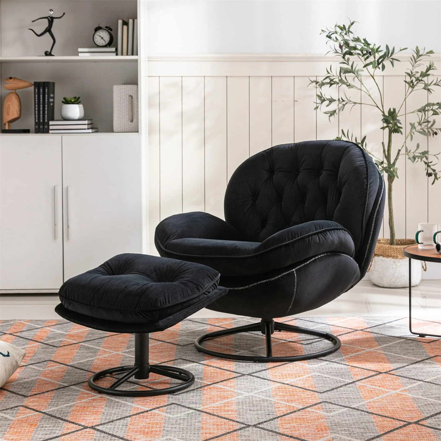 Velvet Swivel Accent Chair with Ottoman Set, Modern Lounge Chair with Footrest and Metal Base Comfy Armchair with 360 Degree Swiveling Single Sofa Chair Accent Chairs for Living Room, Green(Beige) - Image 4