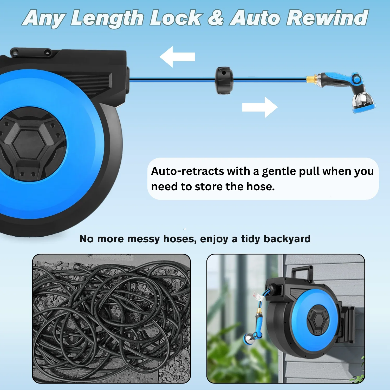 Legooin? Retractable Garden Water Hose Reel, Heavy Duty 131FT with 10-Function Nozzle, Wall Mount, Automatic Rewind, Any Length Lock, 180�� Swivel