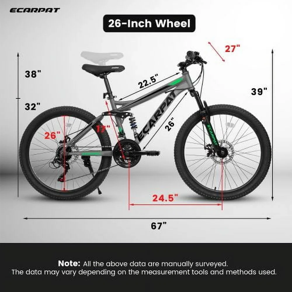 Raistyw 26 inch Mountain Bike for Womens, 21-Speed Full Suspension Bicycles with Disc Brakes, Black and Green