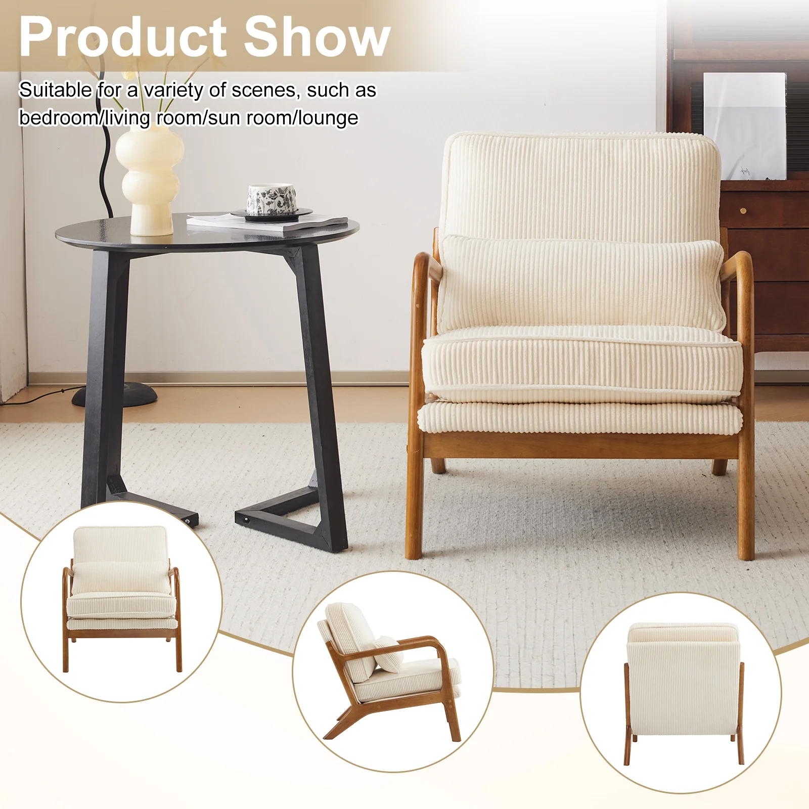 Accent Chair Corduroy Upholstered Armchair, Reading Club Chair with Pillow and Solid Wood Frame for Living Room Bedroom Furniture Off White(Off White-Corduroy) - Image 10