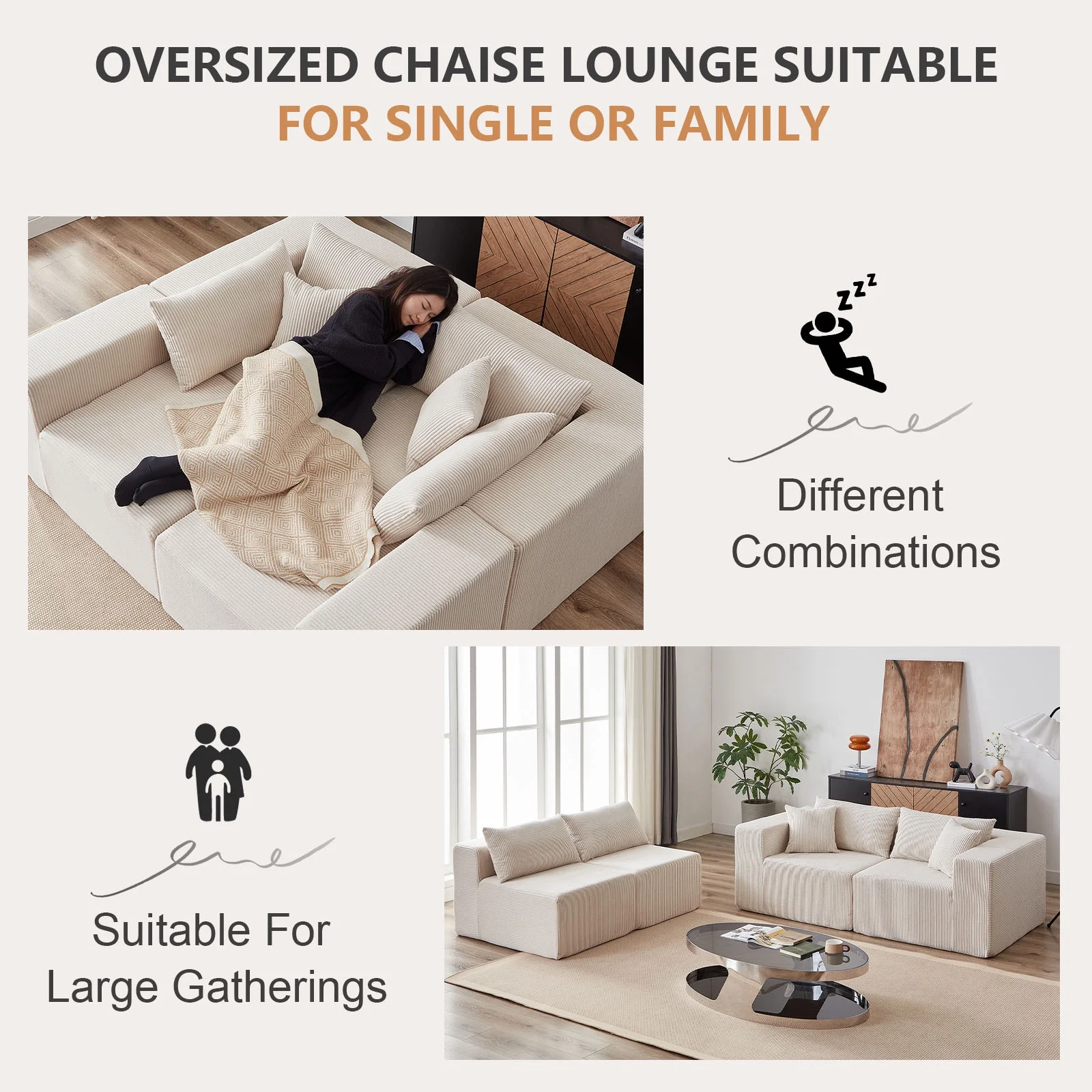 104-Inch Corduroy Modular L Shaped Sectional Sofa,Luxury Floor Couch Set,Upholstered Indoor Furniture,Foam-Filled Compressed Sofa for Living Room,Bedroom,4 PC Free Combination ?(Beige + Corduroy) - Image 8