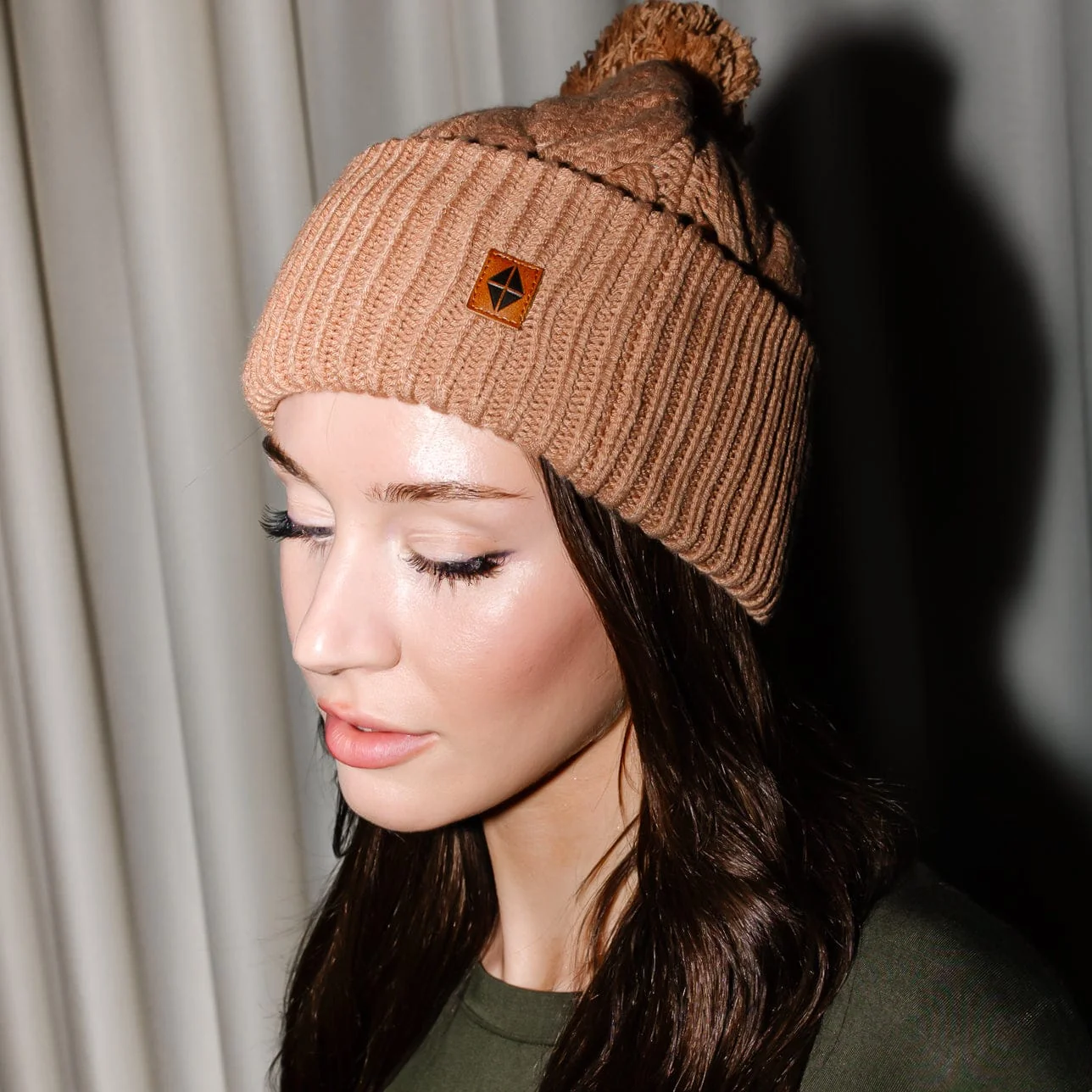 Cable Knit Adult Pom Beanie in Latte