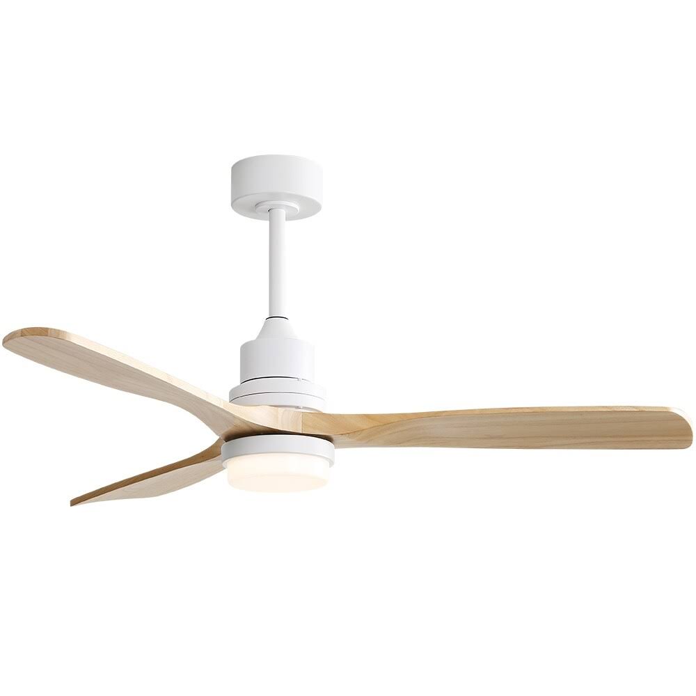 52 inch Indoor and Outdoor Downrod Solid Wood Ceiling Fan with Remote,Integrated Light Optional - with Integrated Light - White with Burlywood Blades