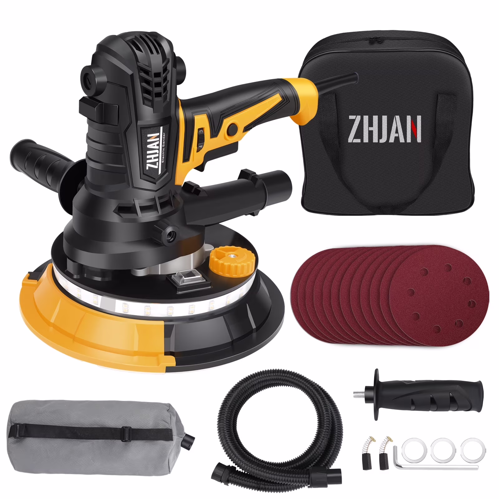 7 900W Electric Drywall Sander with Vacuum & LED - 1400-2700RPM with 12 Discs