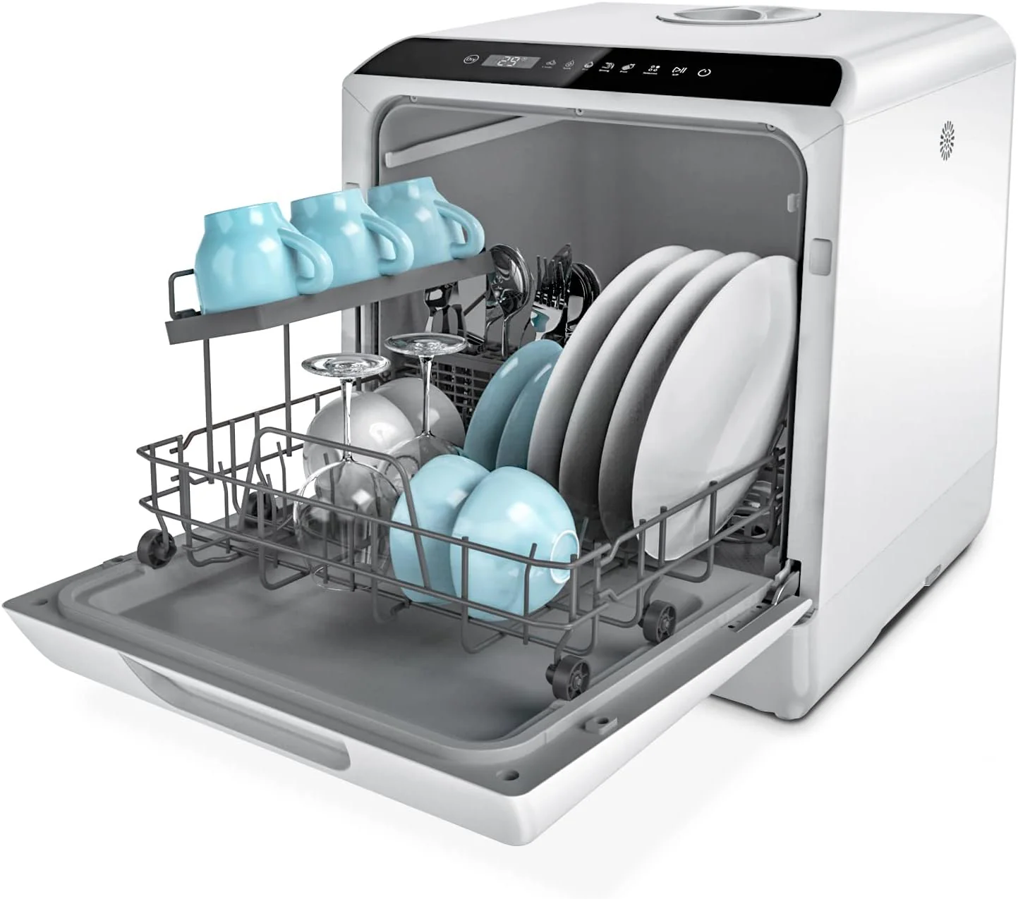 Lave-vaisselle de comptoir Hermitlux, mini lave-vaisselle portable à 7 programmes de lavage avec réservoir d'eau intégré de 5 litres pour appartements et camping-cars, lumière LED, porte en verre, aucun raccordement nécessaire