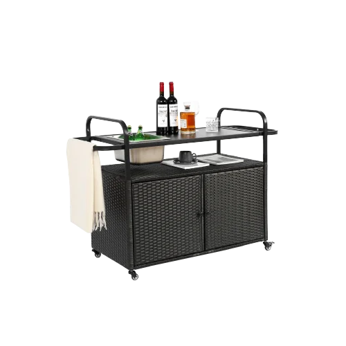 Outdoor Rolling Wicker Bar Cart, Large Portable Outdoor Wicker Bar Table with Cabinet Storage and Glass Countertop, Patio Wicker Serving Bar Cart for Pool, Party, Backyard, Black(Black) - Image 6