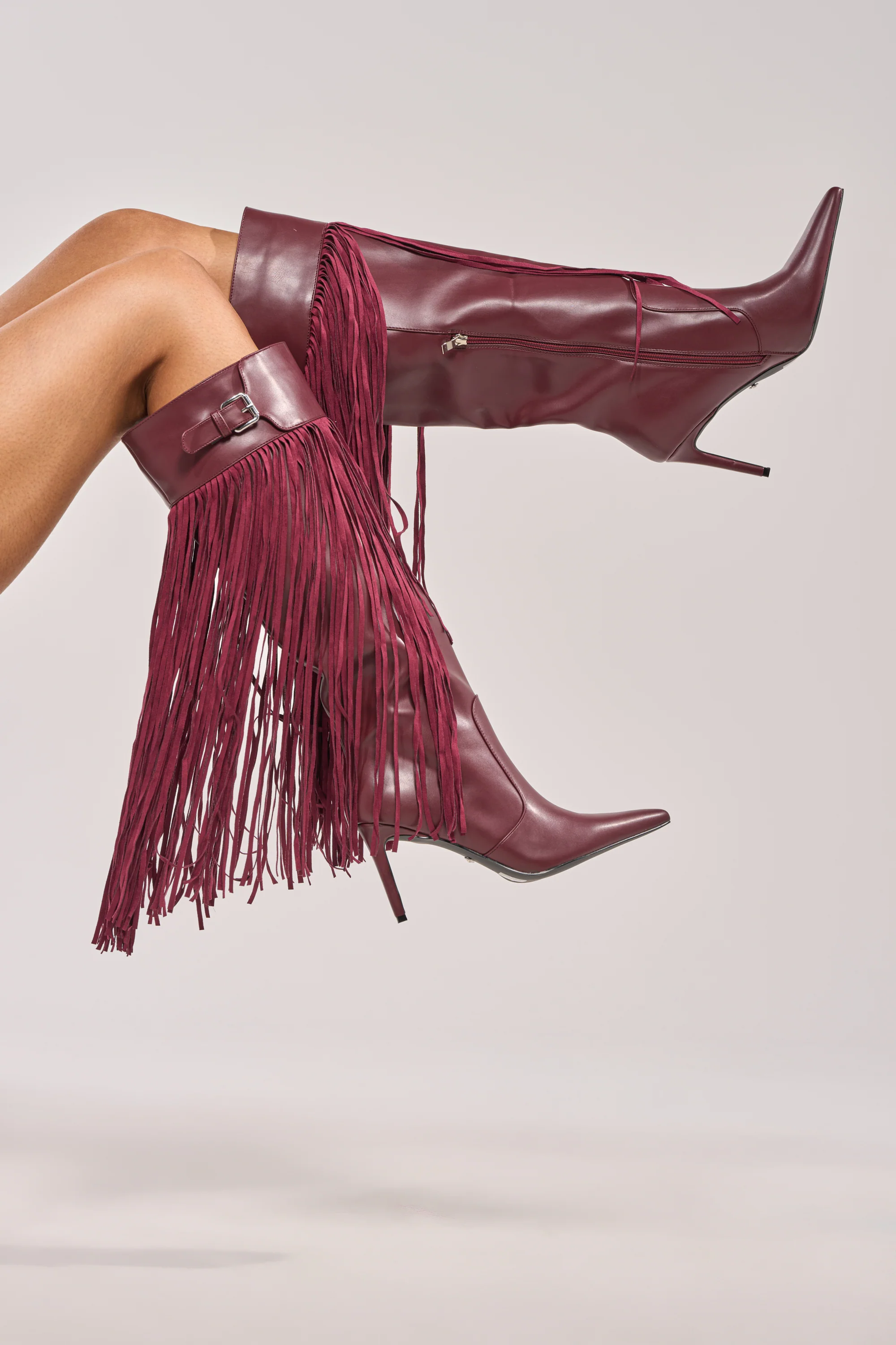 AZALEA WANG HEARTBEAT BURGUNDY FRINGE BOOT - Akira Store