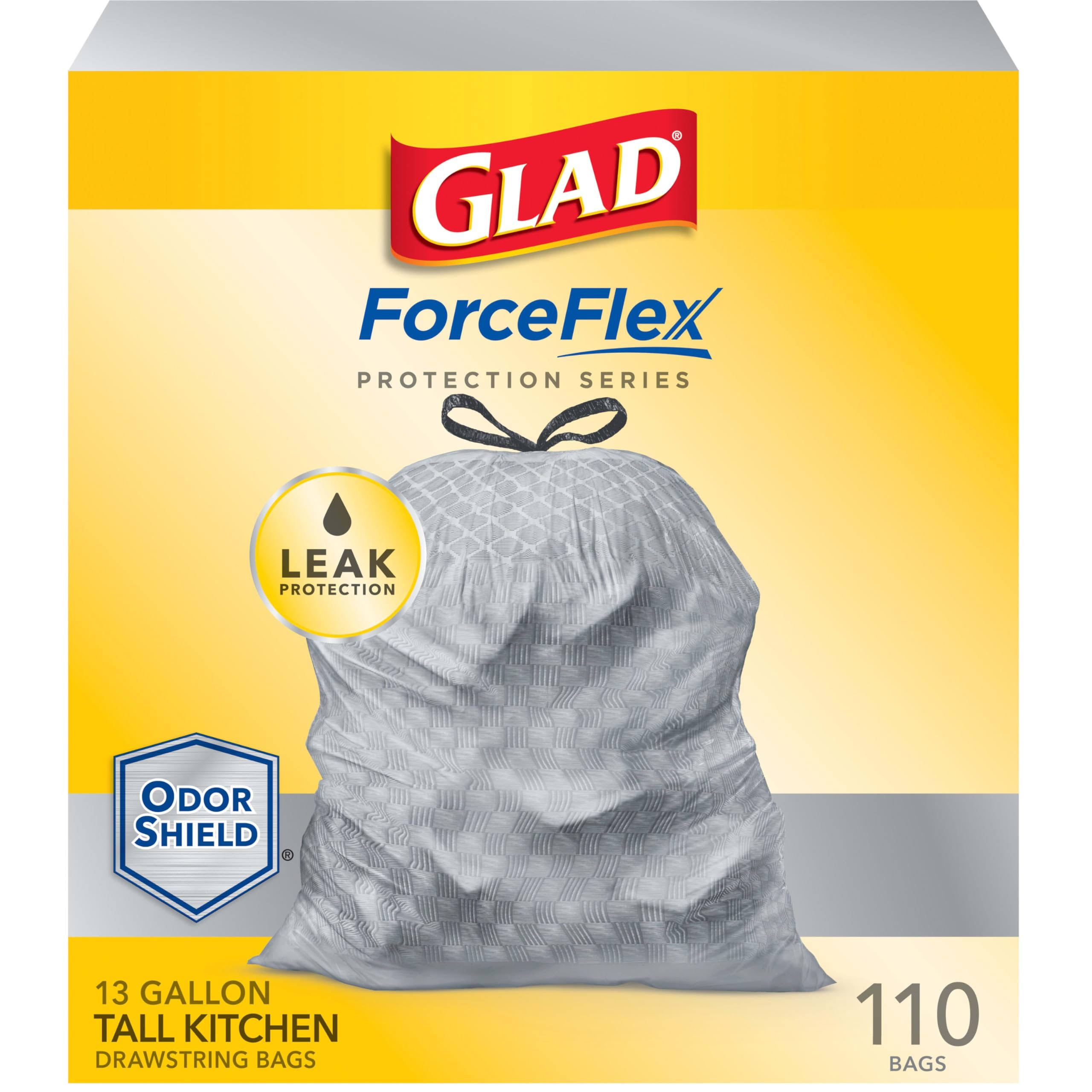 Glad ForceFlex Protection Series Tall Kitchen Drawstring Trash Bags, 13 gal, 110 Count