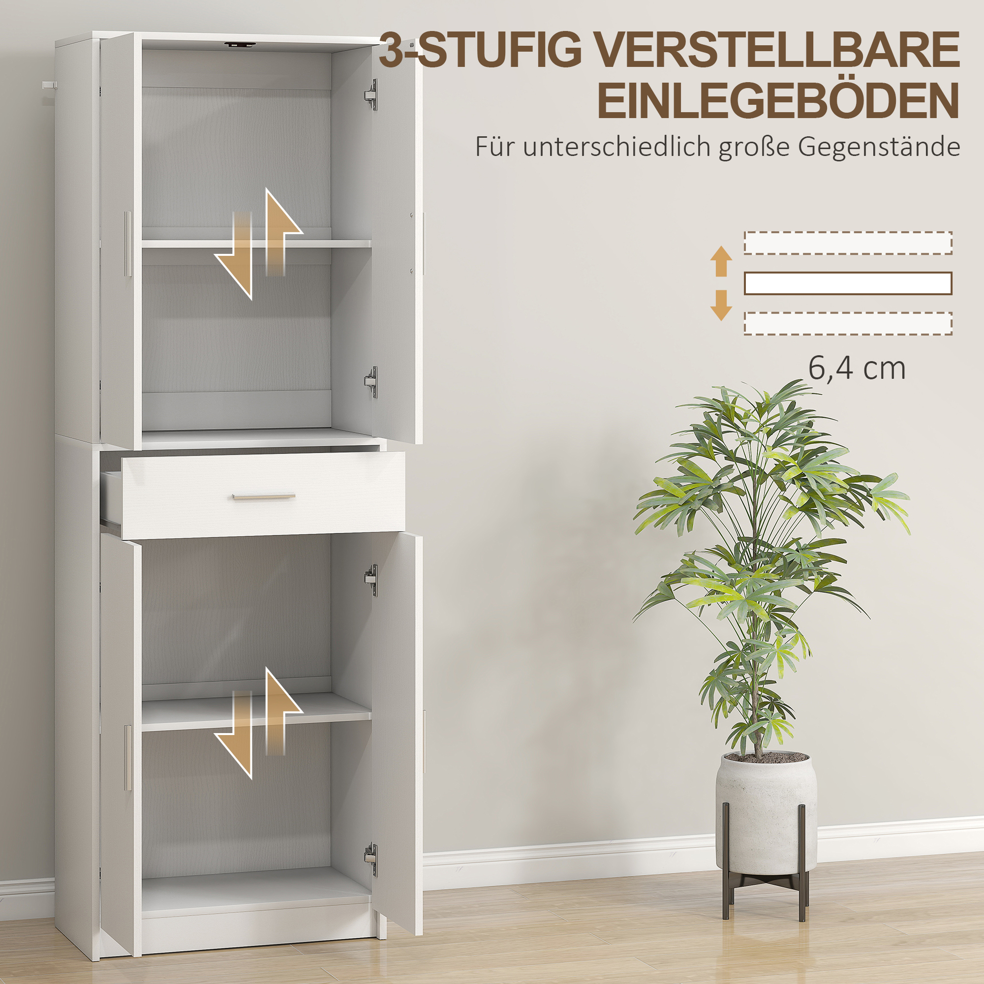 HOMCOM Keukenkast, 3-traps verstelbare planken, Spaanplaat, MDF, veel opbergruimte, Wit