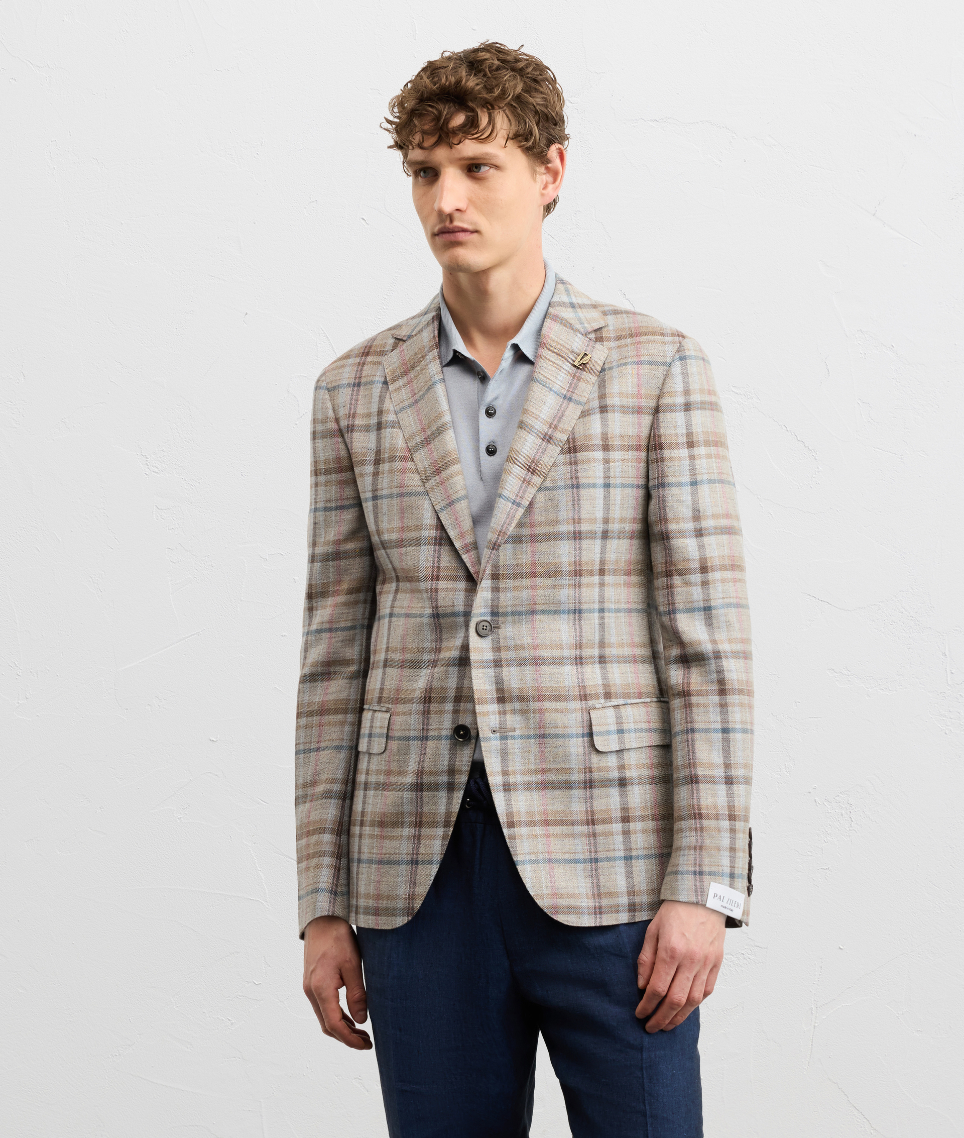 LIGHT BROWN MADRAS EFFECT LINEN AND WOOL VICENZA LINE HALF LINED JACKET