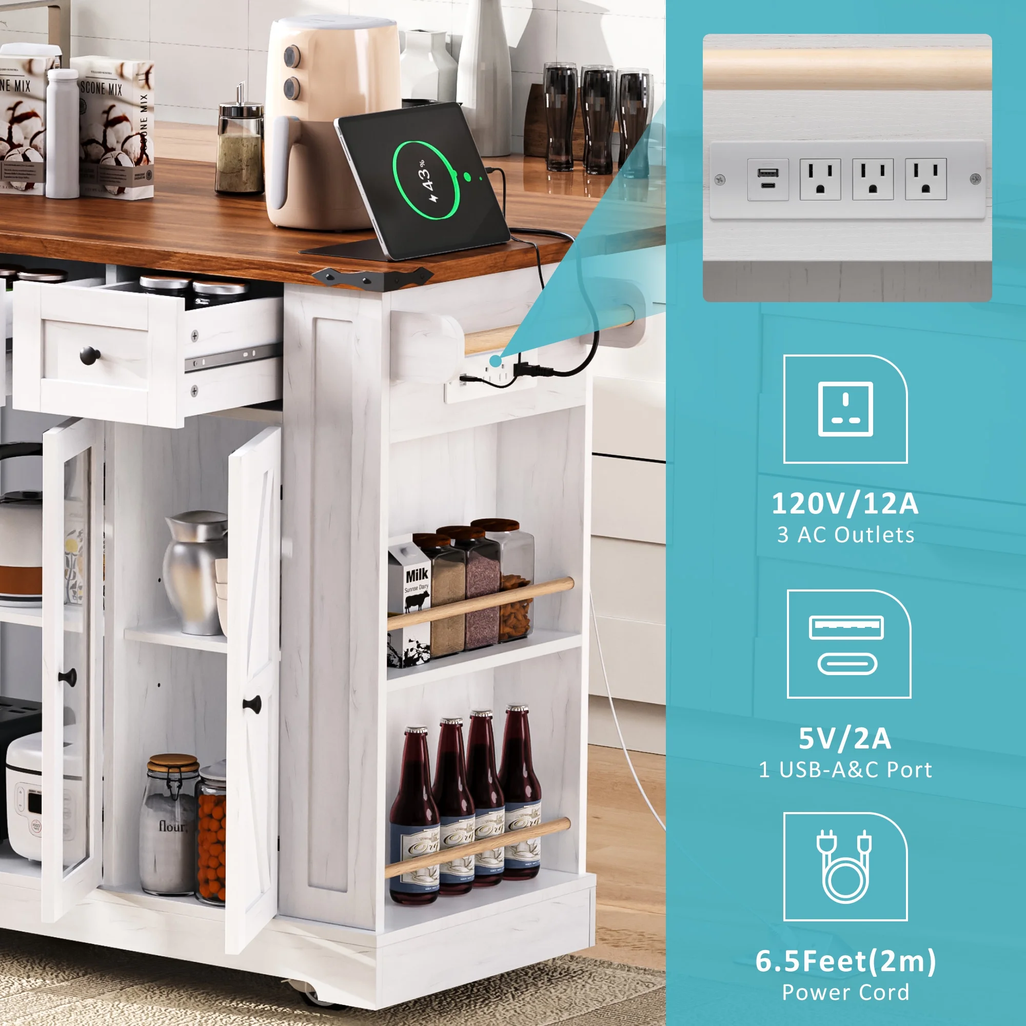 53'' Farmhouse Kitchen Island with Two Tempered Glass Cabinet Doors��Rolling Kitchen Cart on Wheels(White) - Image 10