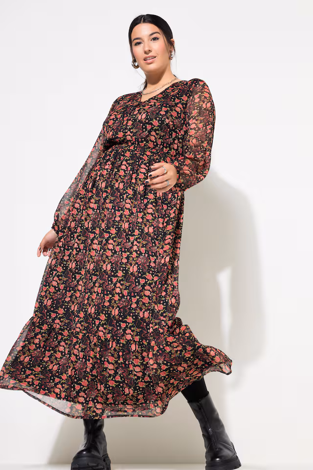 Dragon Print Layered Chiffon Maxi Dress