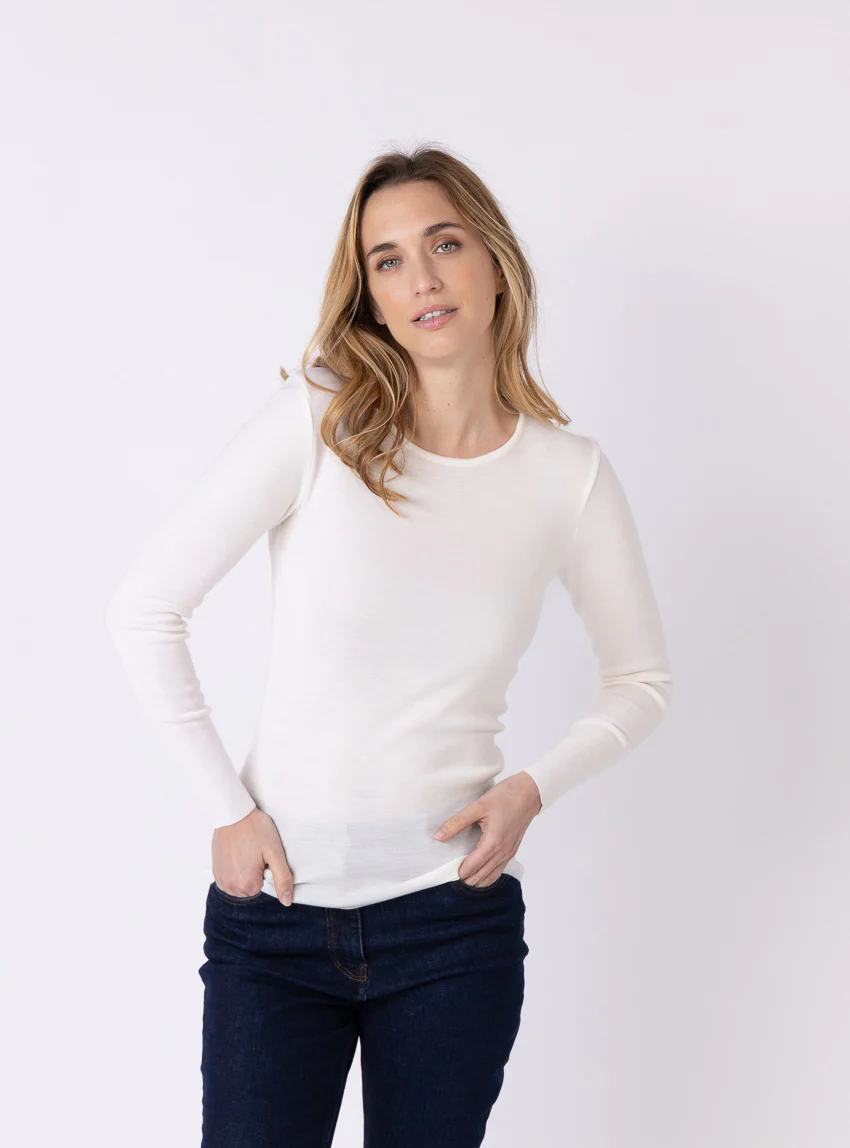 Tee-shirt thermique manches longues femme en laine merinos blanc naturel