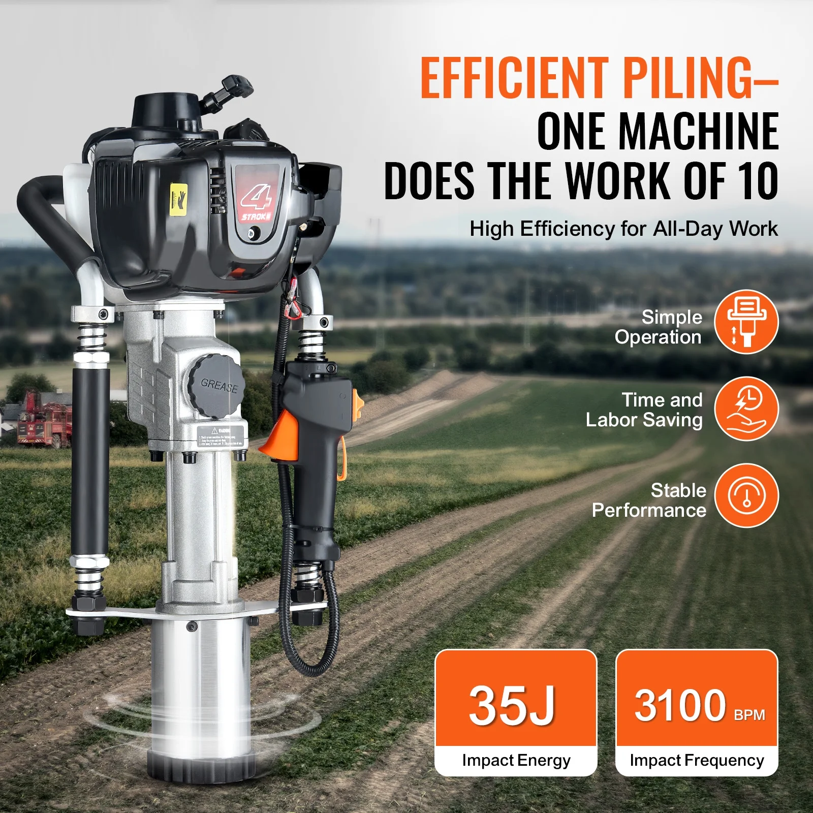 SKYSHALO 37.77cc Gas T Post Driver, 4 - Stroke Engine, Includes 3 Driving Heads (45/55/88 Mm), 1000W, Ideal for Farm Fences & Road Work