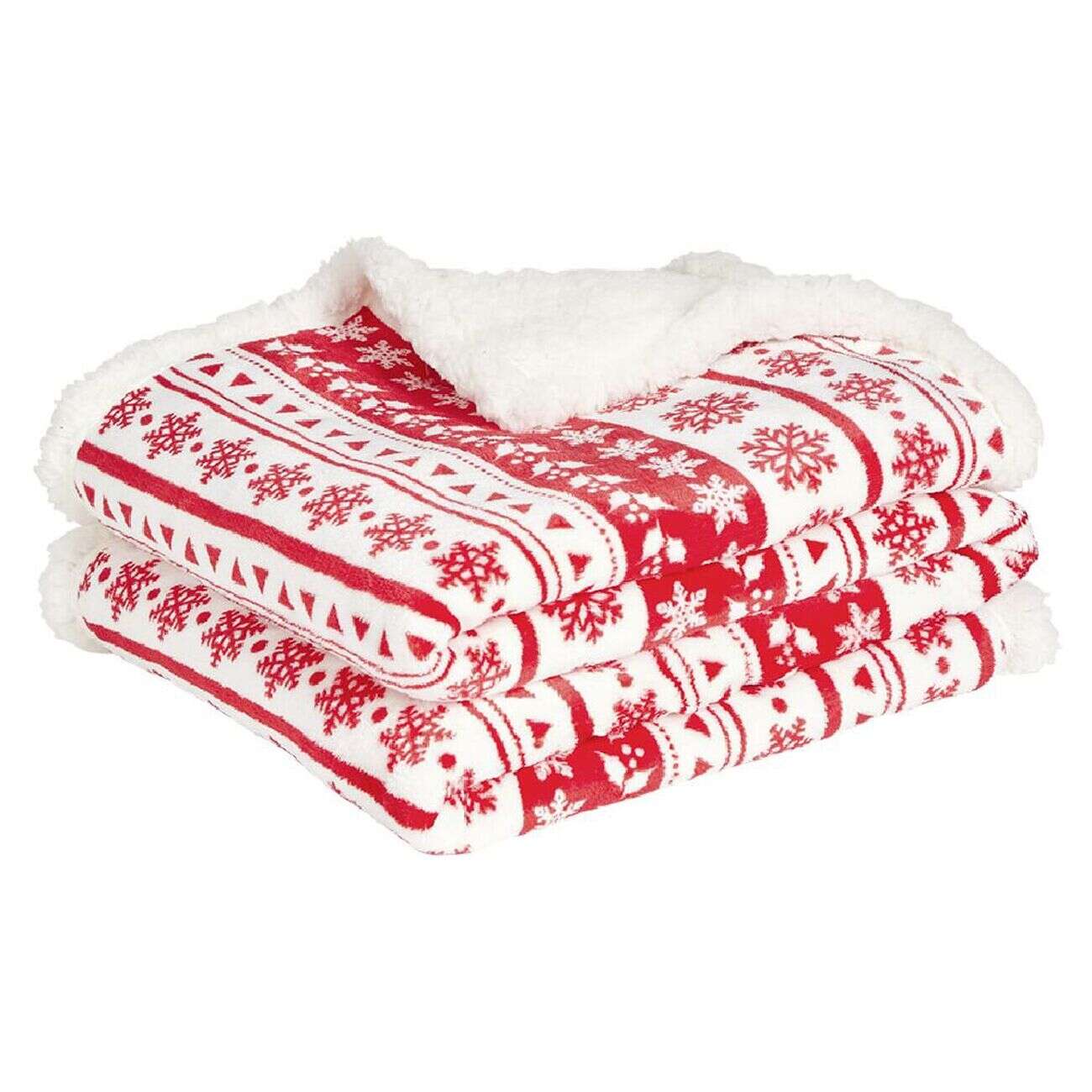 Plaid imprimé flocon Noël rouge blanc dos sherpa 120x150cm