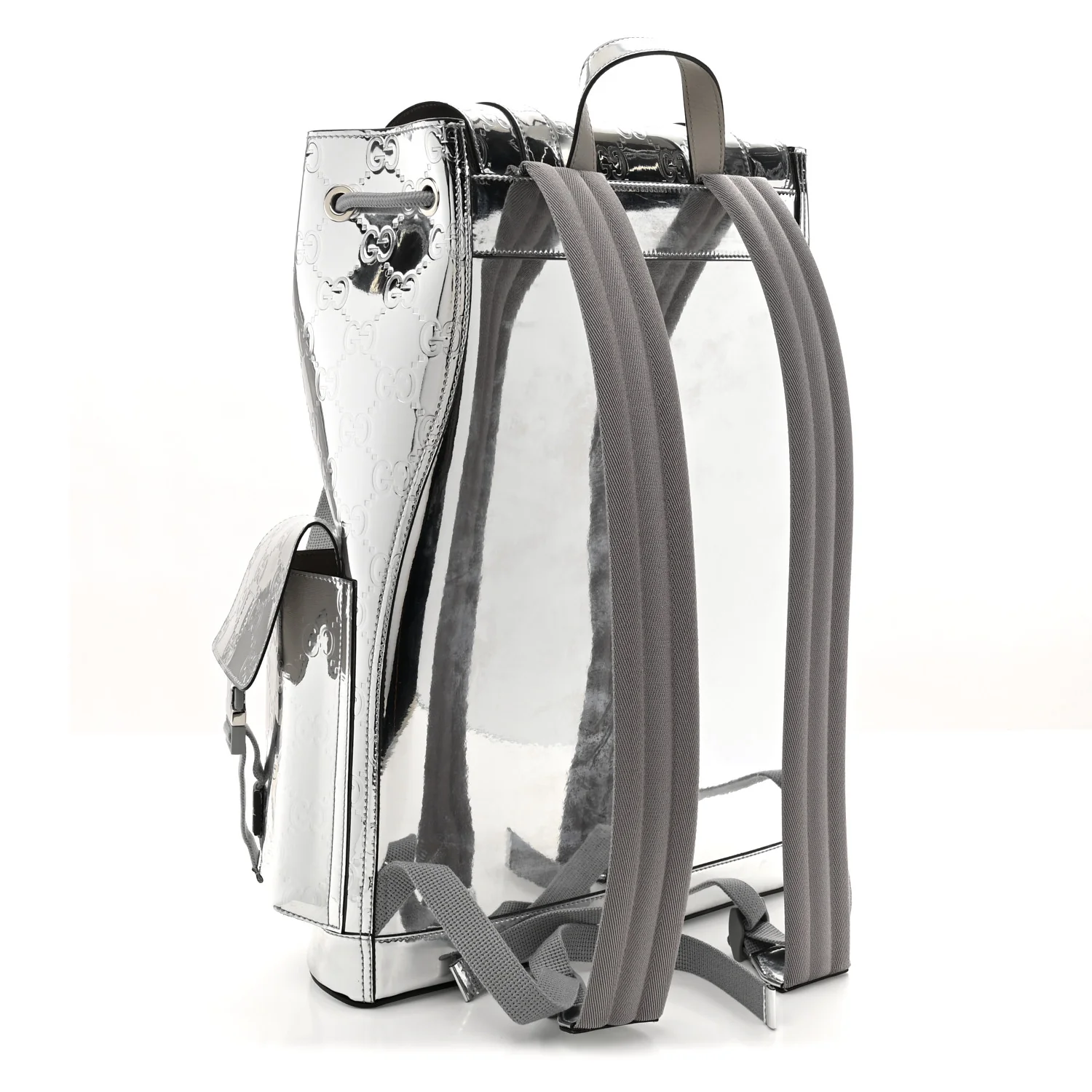 Mirror Effect GG Monogram Appia Calfskin Web Double Buckle Backpack Silver