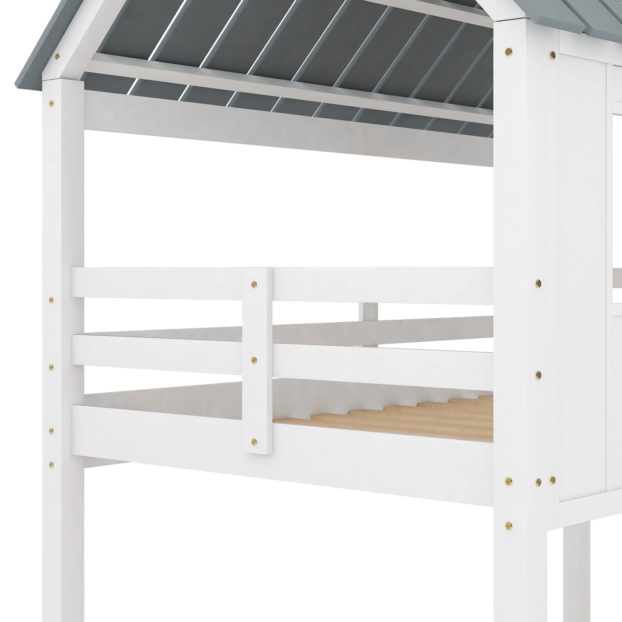 Twin over Twin Low Bunk Bed with Roof and Guardrail for Kids Room, White - Image 9