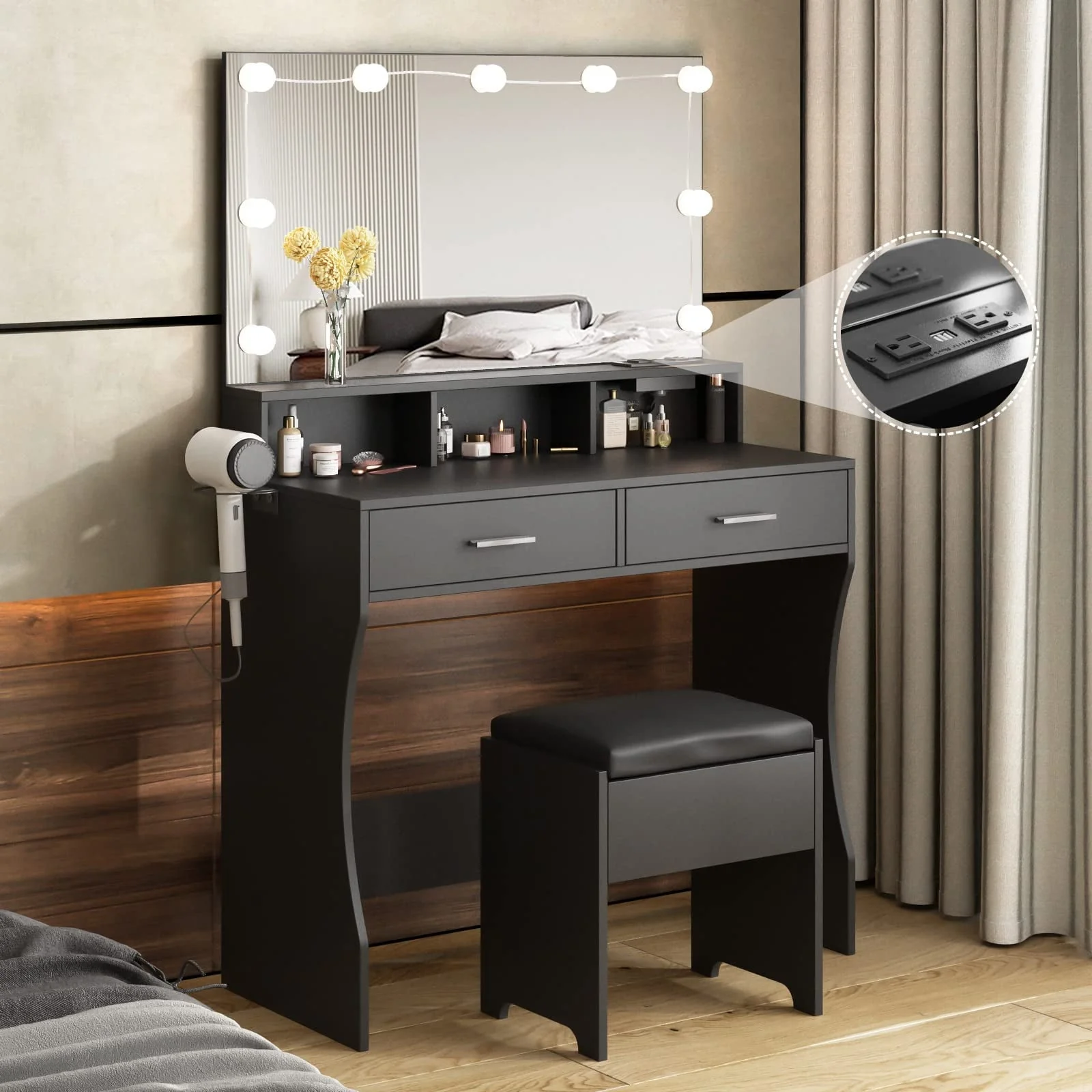 Veanerwood 31.5in Makeup Vanity Table with Lighted Mirror  Power Strip, Vanity Desk Set with Hair Dryer Holder, 3 Lighting Colors, White Finish(Black)