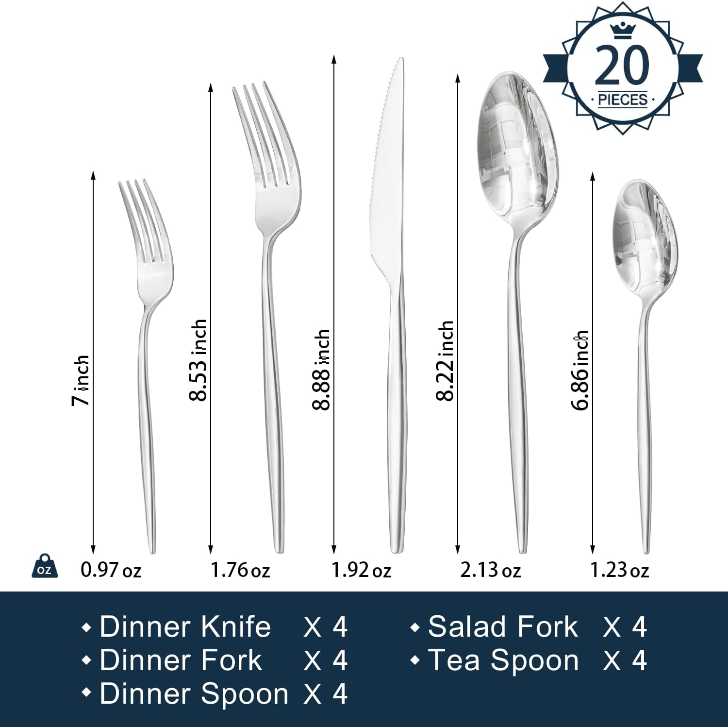 18/10 Silverware Set for 4, 20 Piece Stainless Steel Flatware Cutlery Set