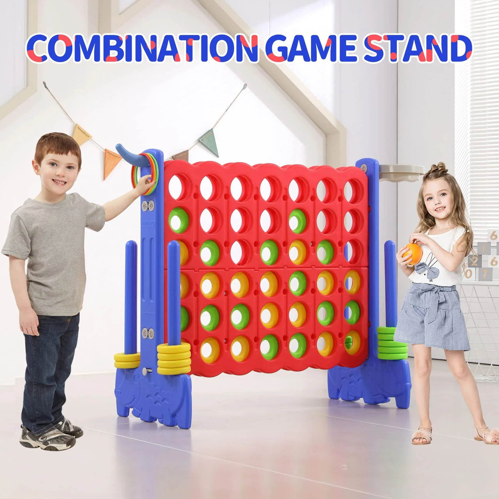 Unicoo® 3 - in - 1 Giant 4 in A Row Game, Featuring Basketball Hoop, Ring Toss Game & 4 - to - Score Game. Perfect for Kids & Adults, Parties & Gatherings with Carrying Bag (Red + Blue)