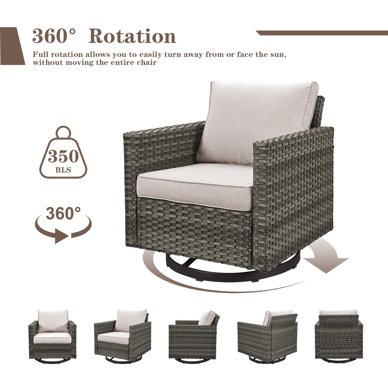 5 Pieces Outdoor Swivel Rocker Chairs Patio Furniture Set with Gas Fire Pit Table, Wicker Patio Conversation Fire Pit Table Set for Garden, Deck, Porch, Backyard,Beige(Beige/Brown) - Image 8