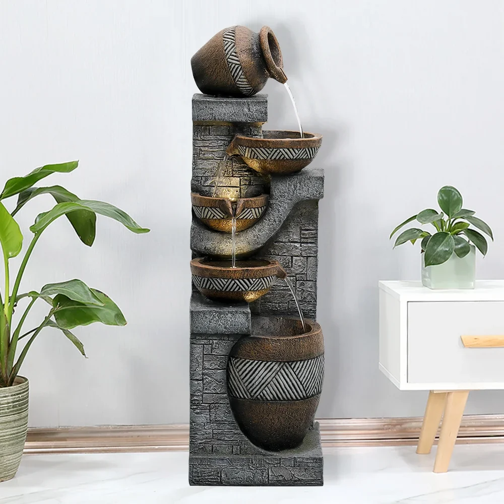 Watnature 5-Tier Natural Looking Stone Fountain Outdoor Water Fountain with LED Lights Resin Fountain Decor for Garden Patio