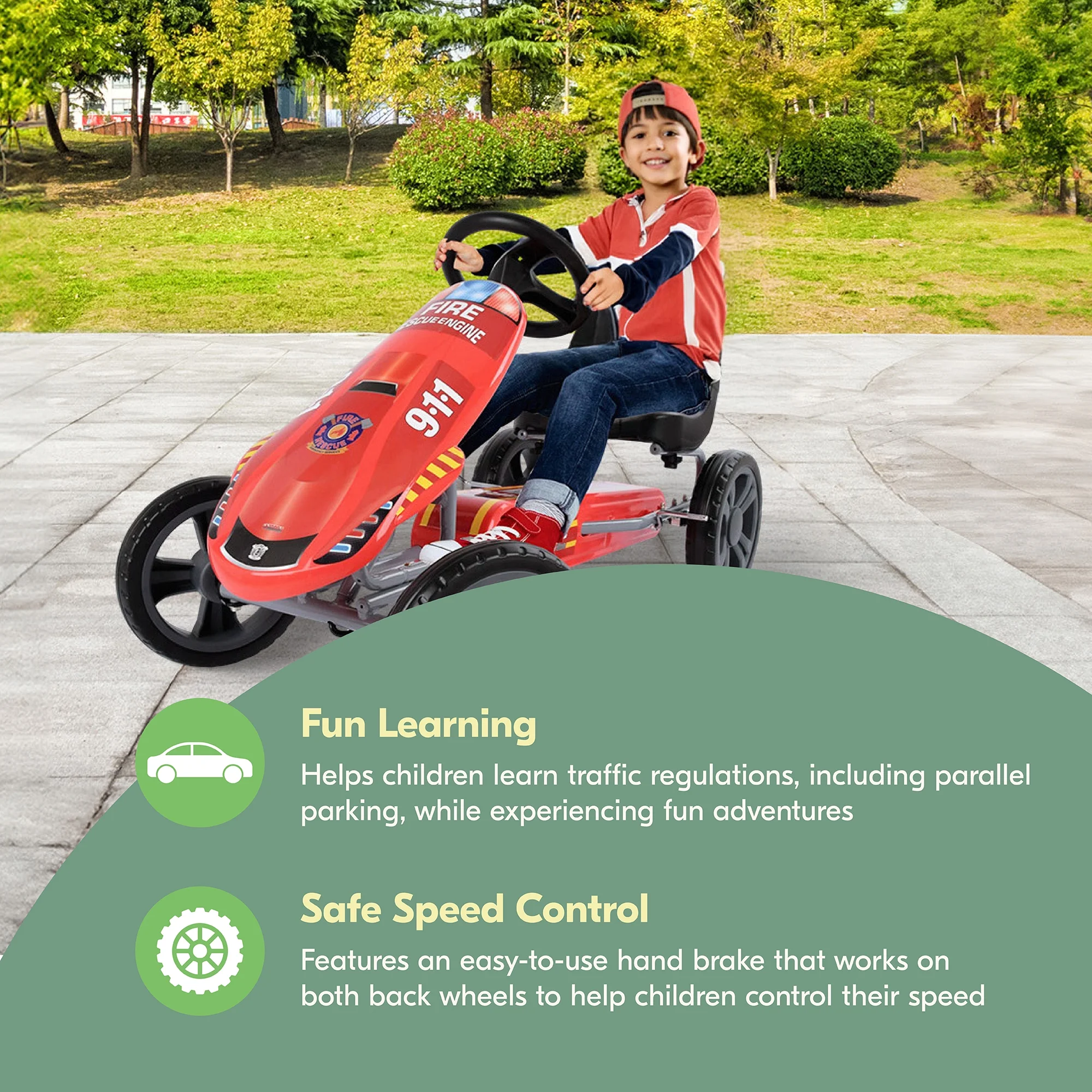 Speedster Pedal Go Kart w/ Adjustable Bucket Seat for Kids Ages 4 to 8, Fire Rescue(Red, Fire Engine) Image 10