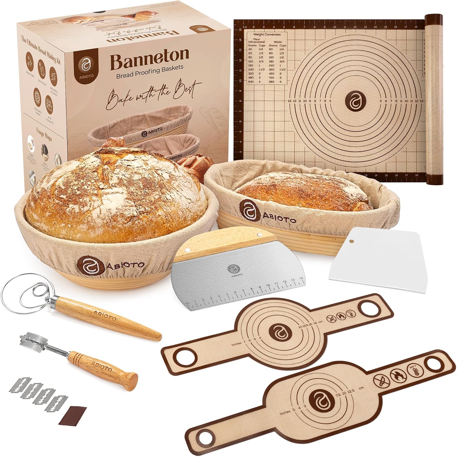 ABIOTO Banneton Baskets with Sourdough Bread Baking Supplies - 17-Piece Kit