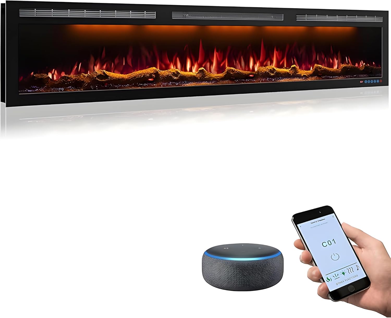 72 Inch WiFi Electric Fireplace Heater, Recessed or Wall Mounted, Ultra‑Slim 5.51
