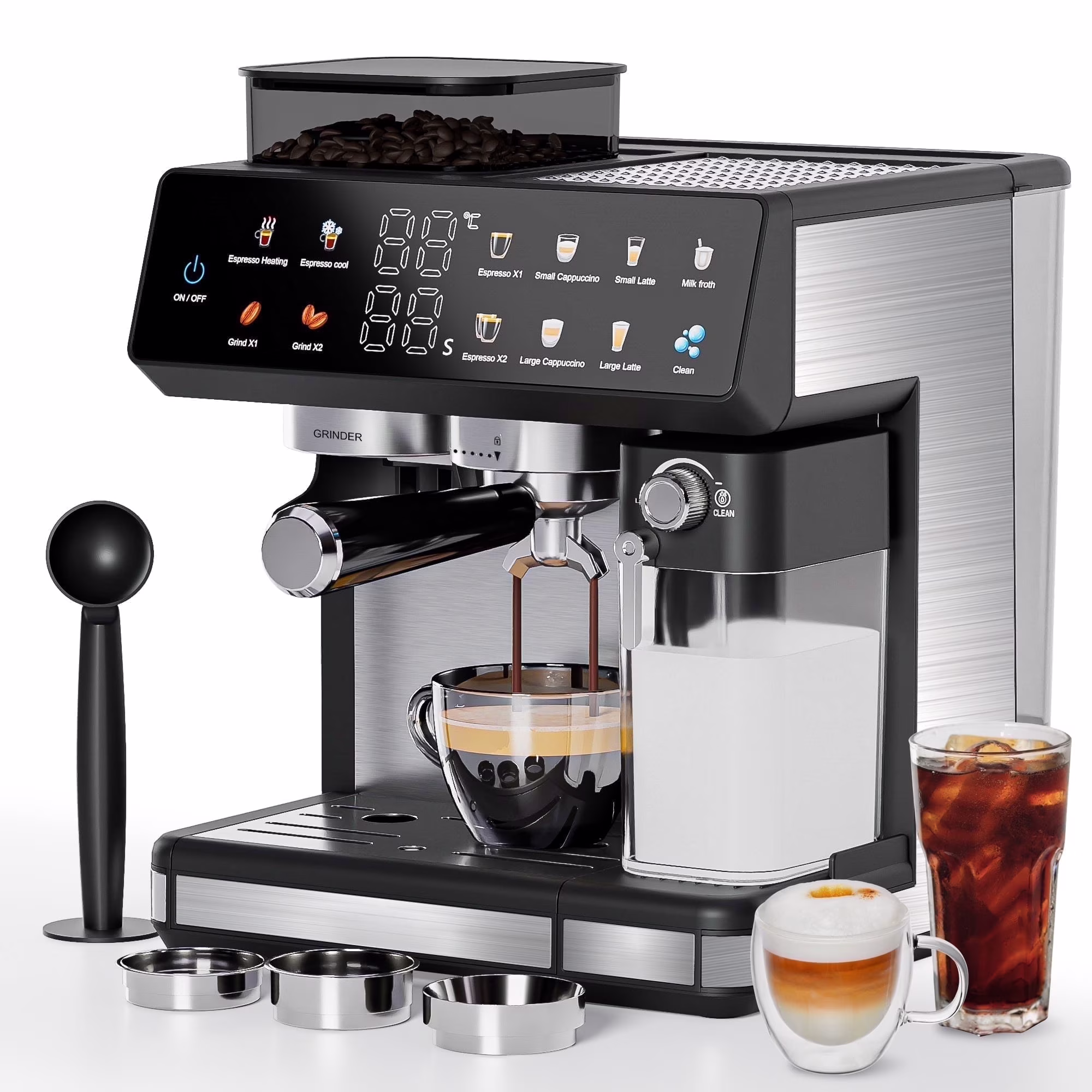 Bluebow All - in - One Espresso Machine with Grinder, 20 - Bar Automatic Coffee Maker, Built - in Milk Frother for Latte & Cappuccino, Single/Double Shot